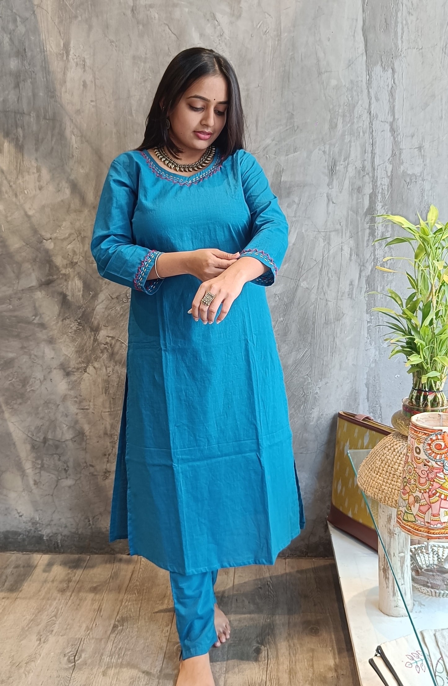 Blue Solid Color Hand Embroidery Co-Ord Set.