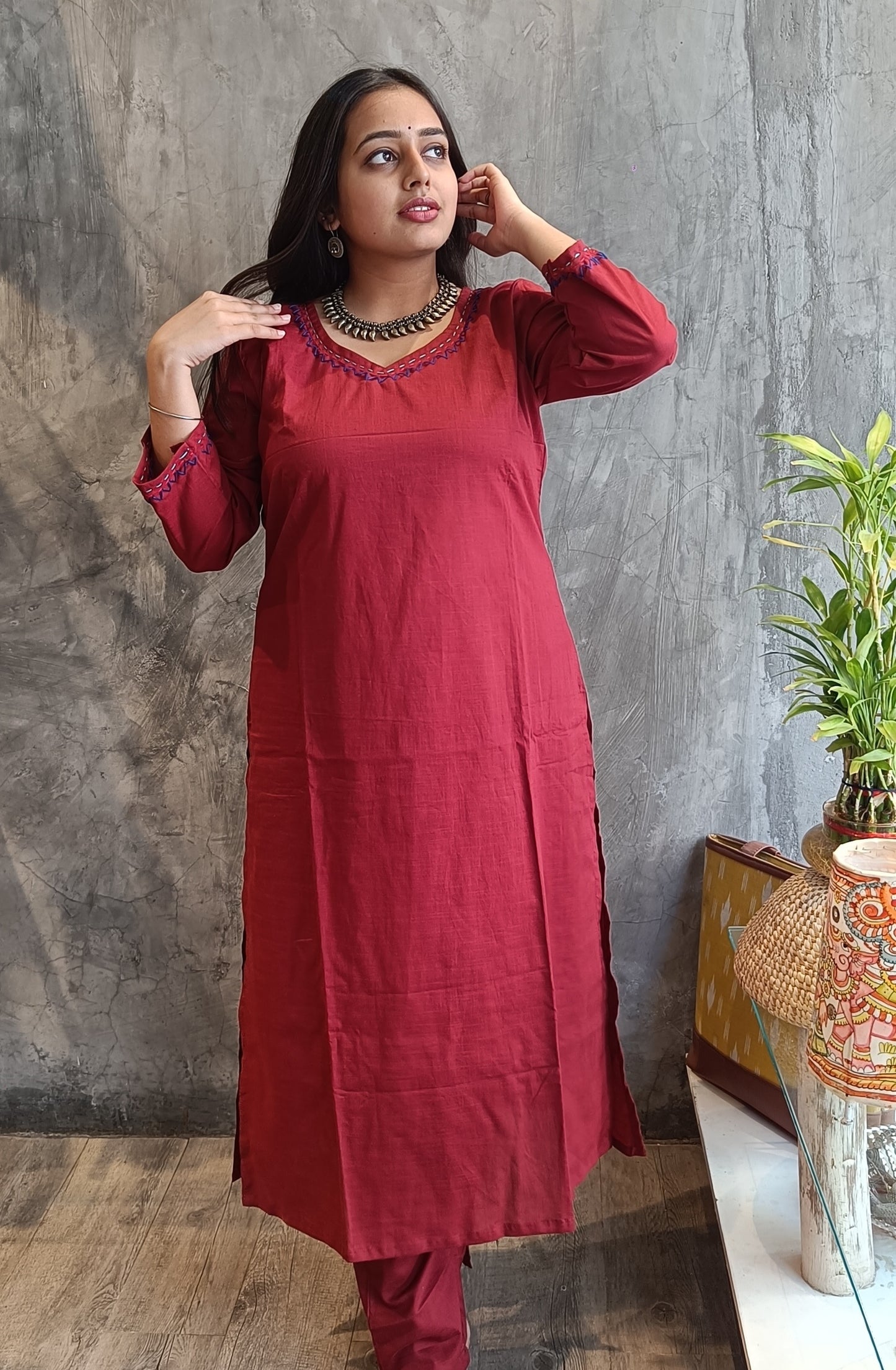 Rust Solid Color Hand Embroidery Co-Ord Set.
