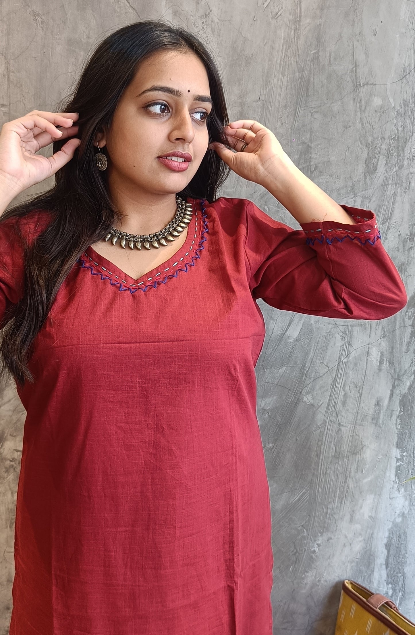 Rust Solid Color Hand Embroidery Co-Ord Set.