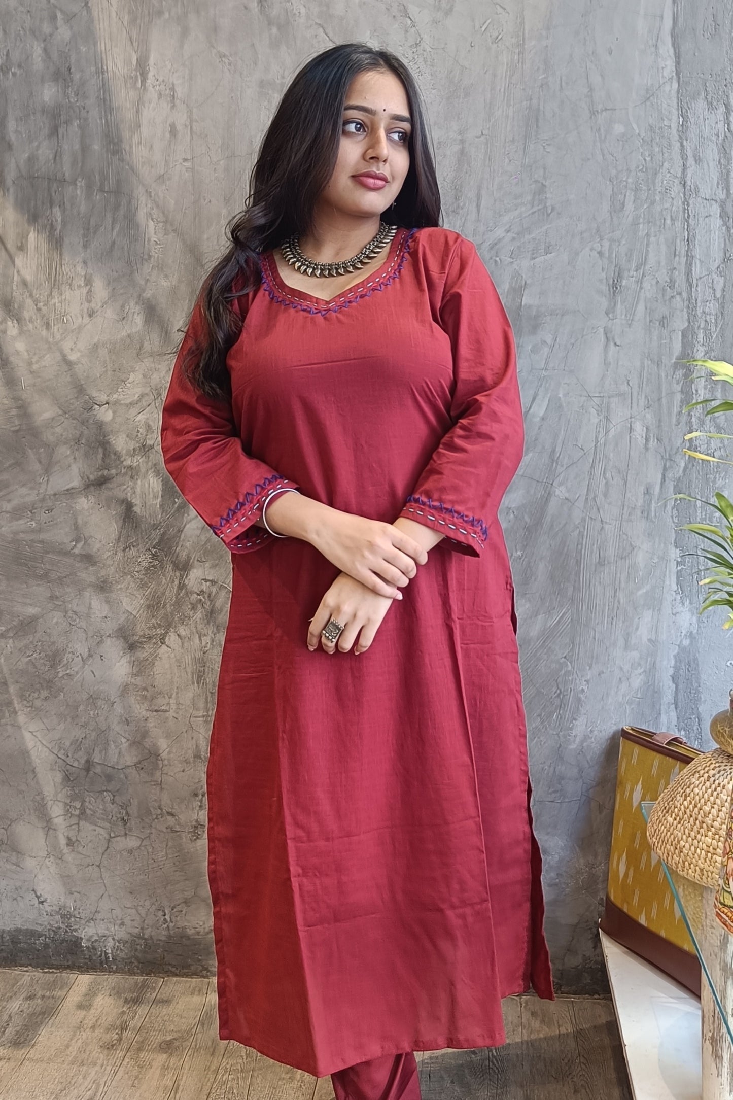 Rust Solid Color Hand Embroidery Co-Ord Set.