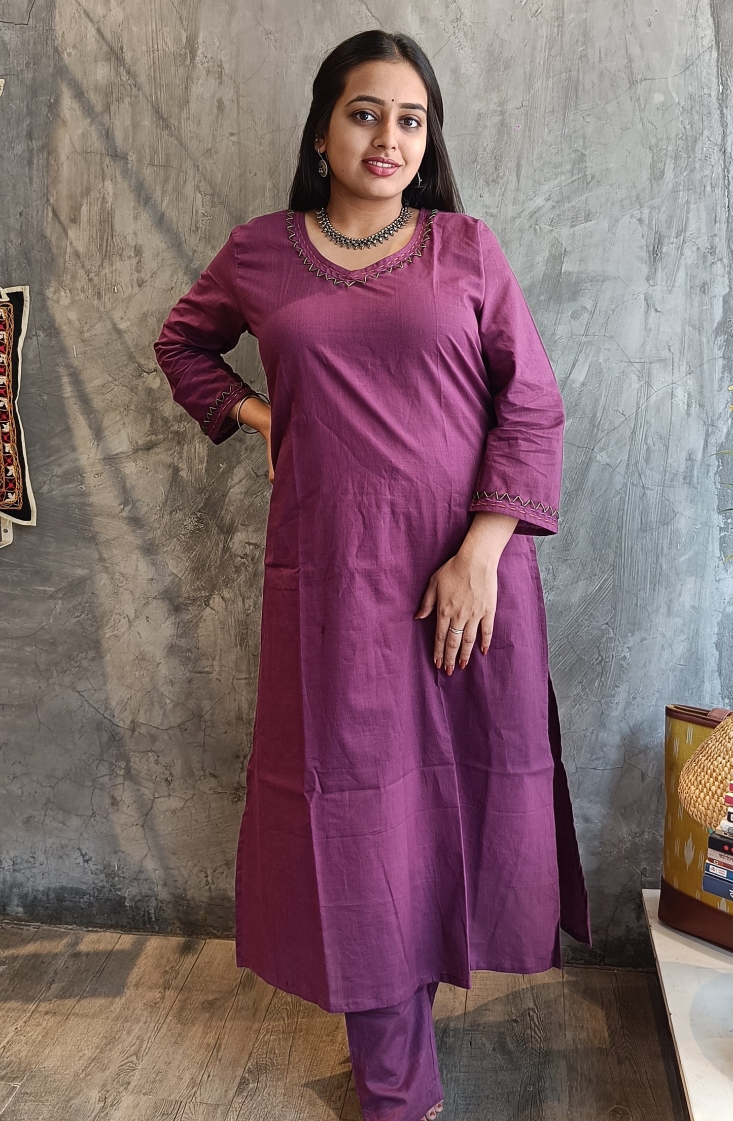 Wine Solid Color Hand Embroidery Co-Ord Set.