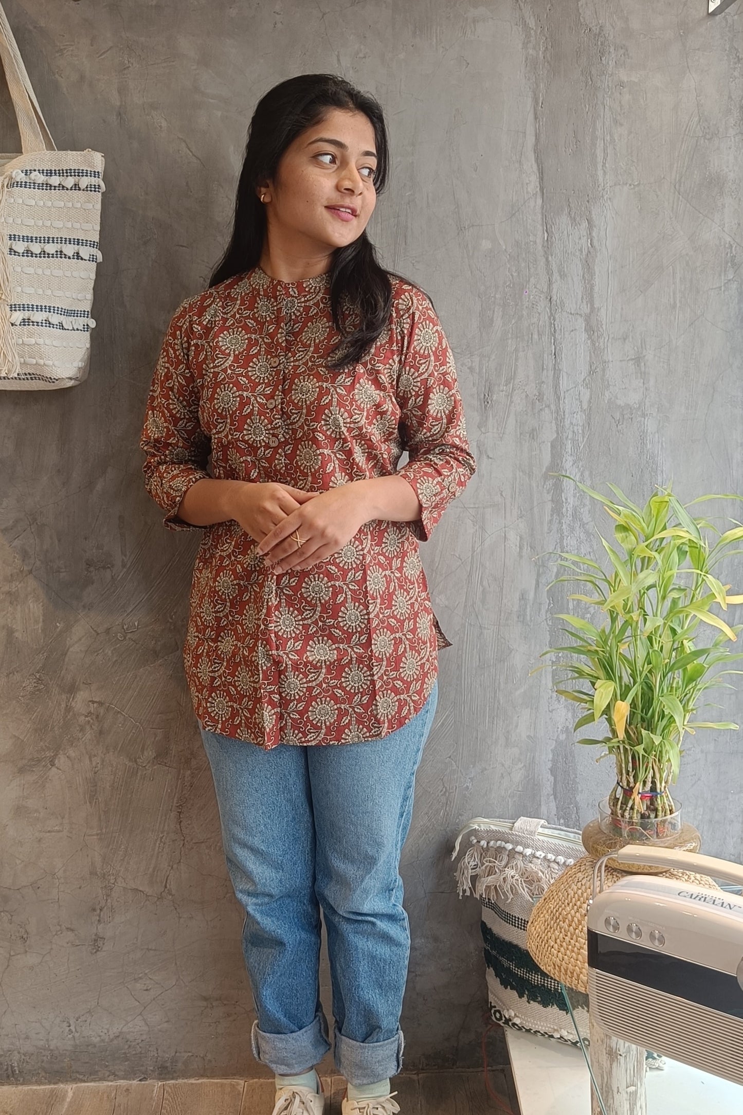 Rust Maroon Floral Plated Short Top