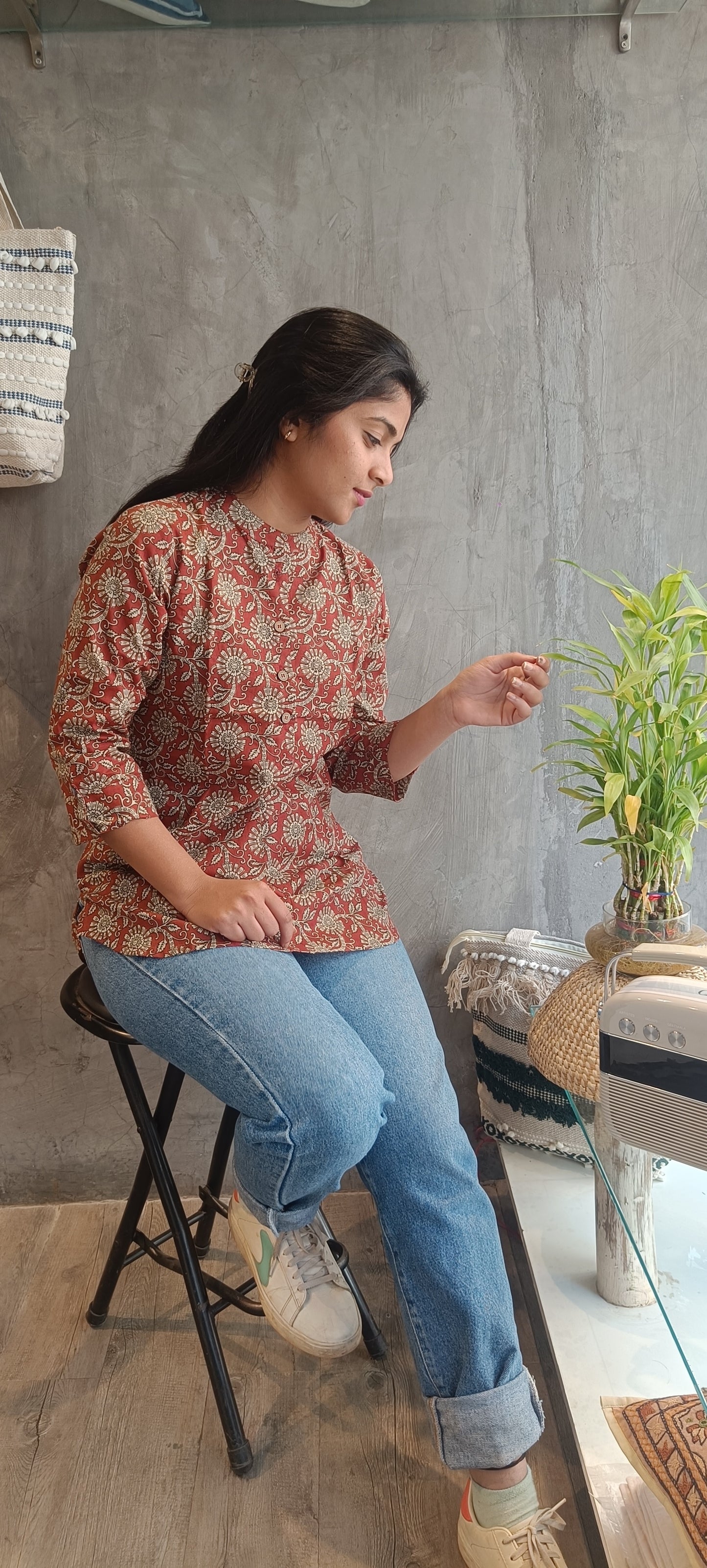 Rust Maroon Floral Plated Short Top