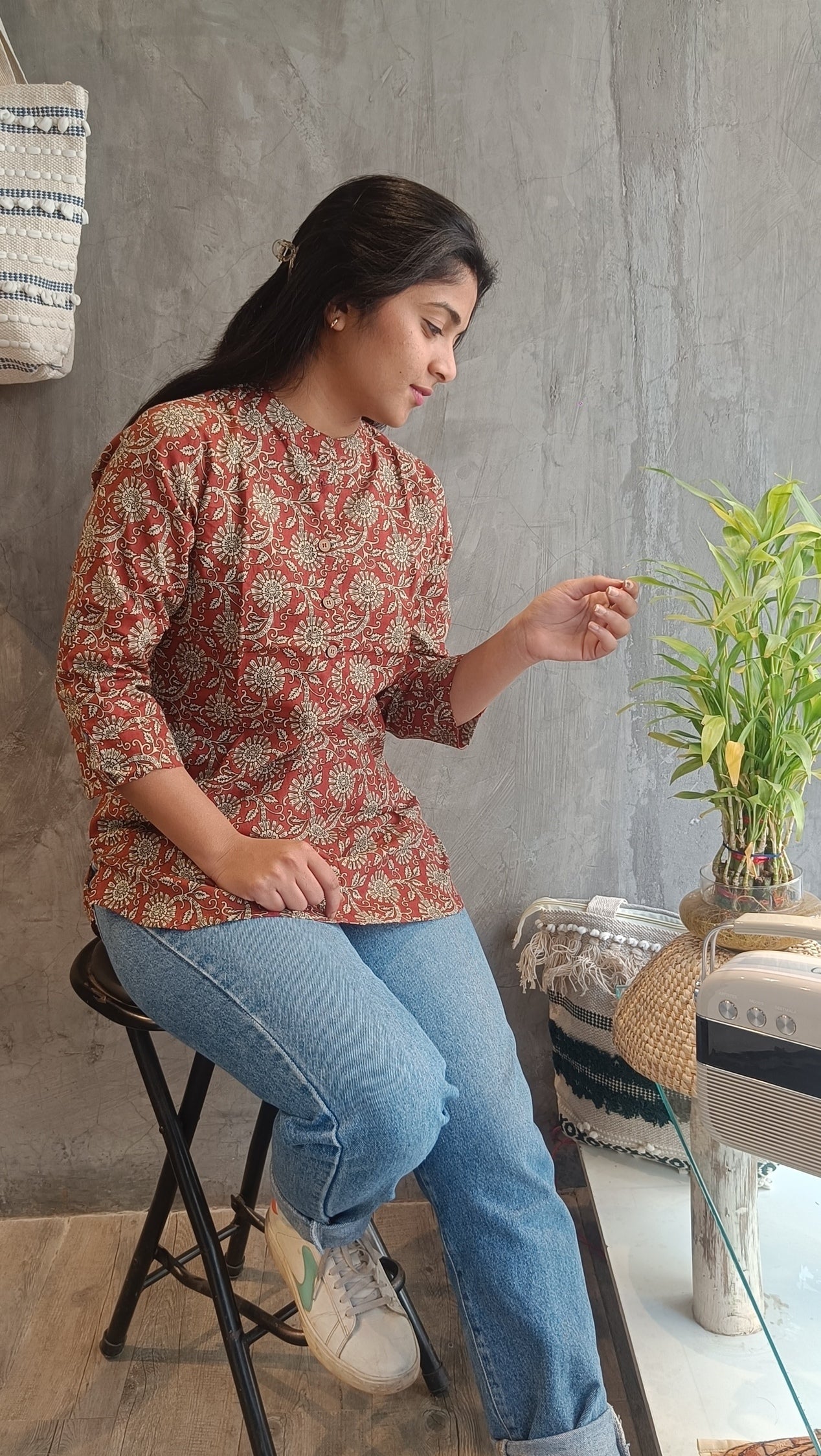 Rust Maroon Floral Plated Short Top