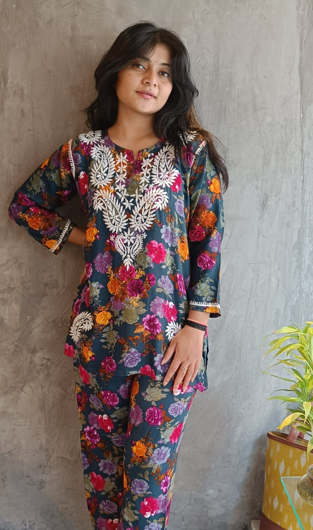 Blue Floral Chikankari Short Co-ord Set