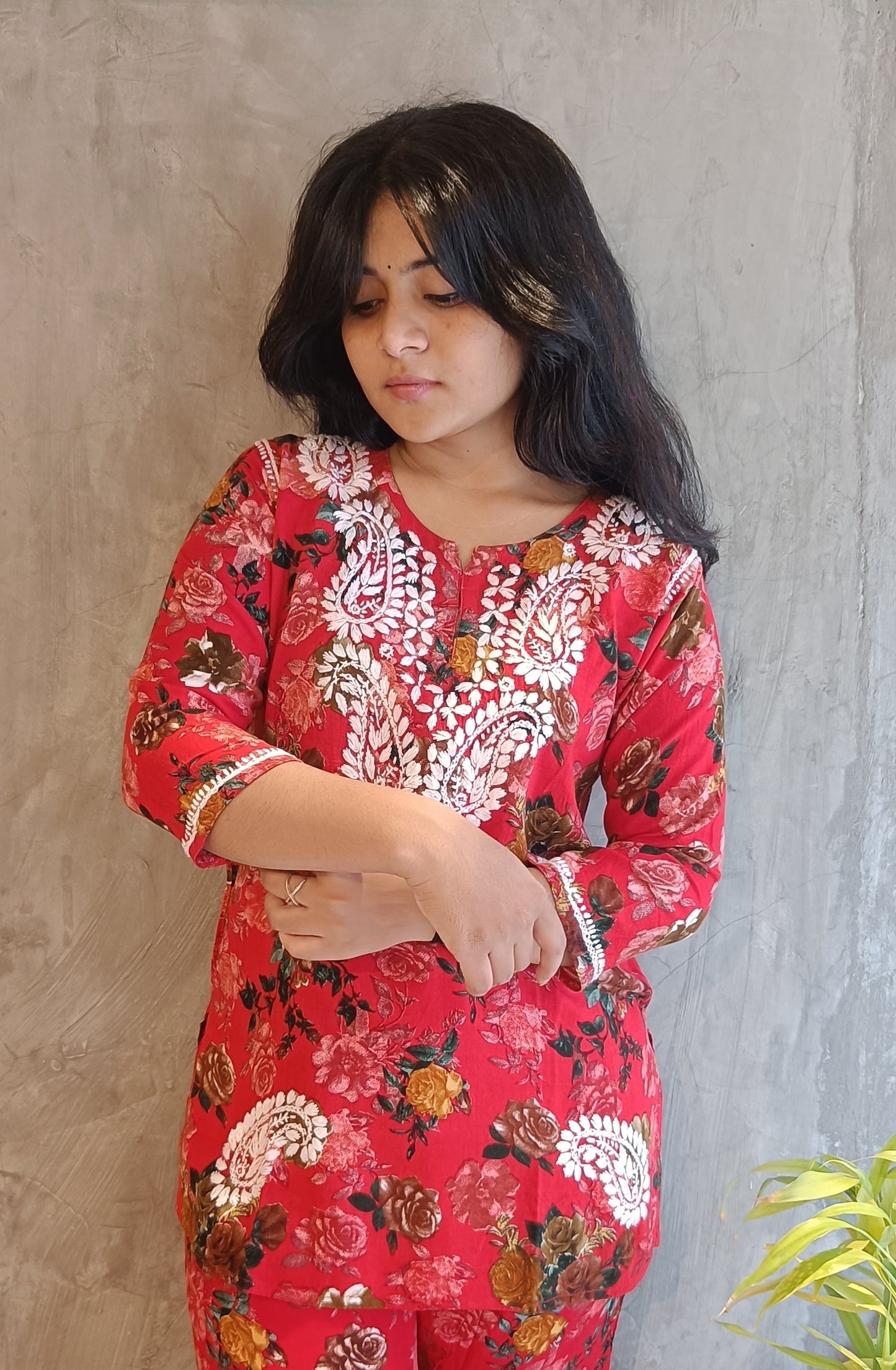 Red Floral Chikankari Co-ord Set.