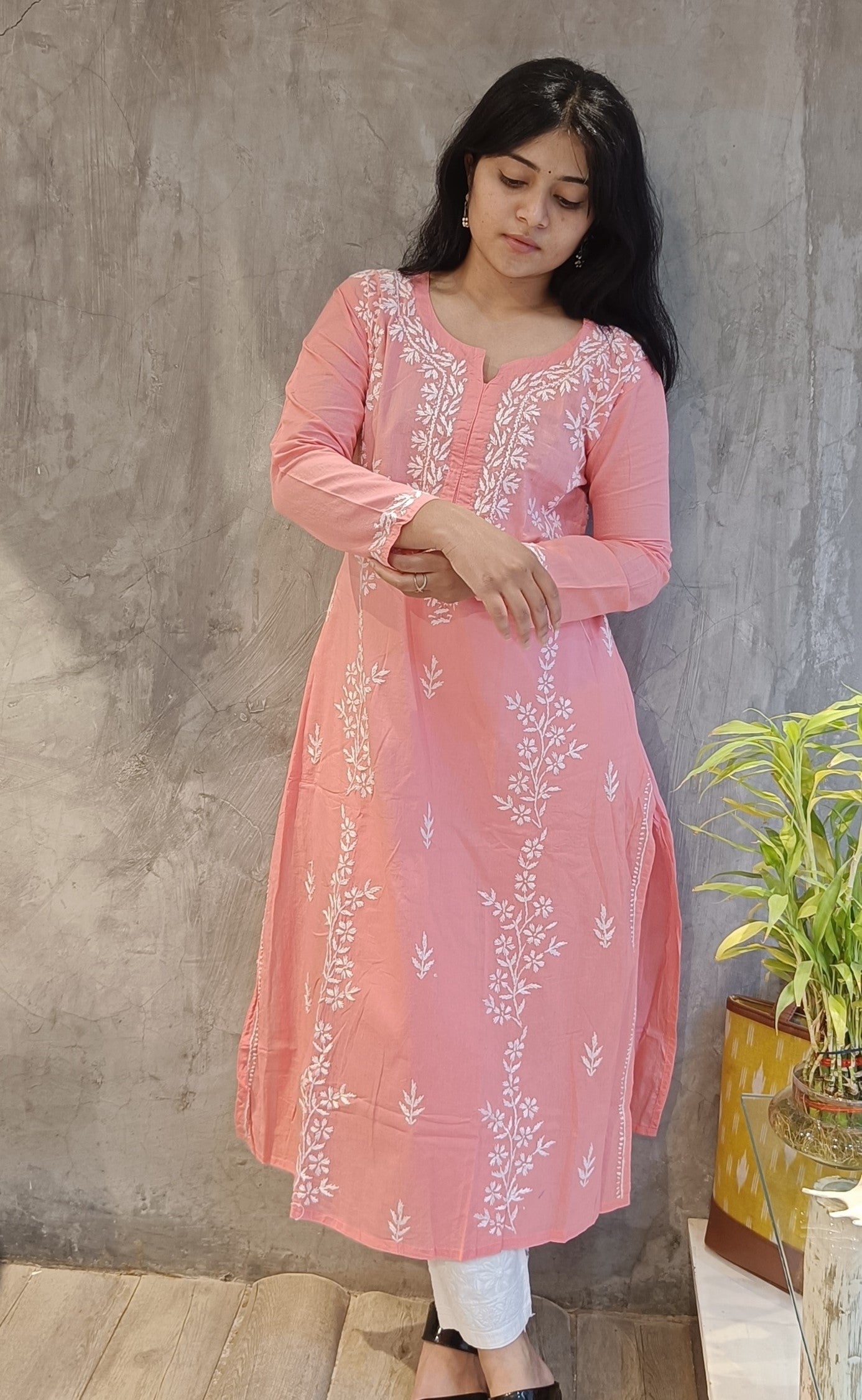 Peach Long Cotton Chikankari Kurti
