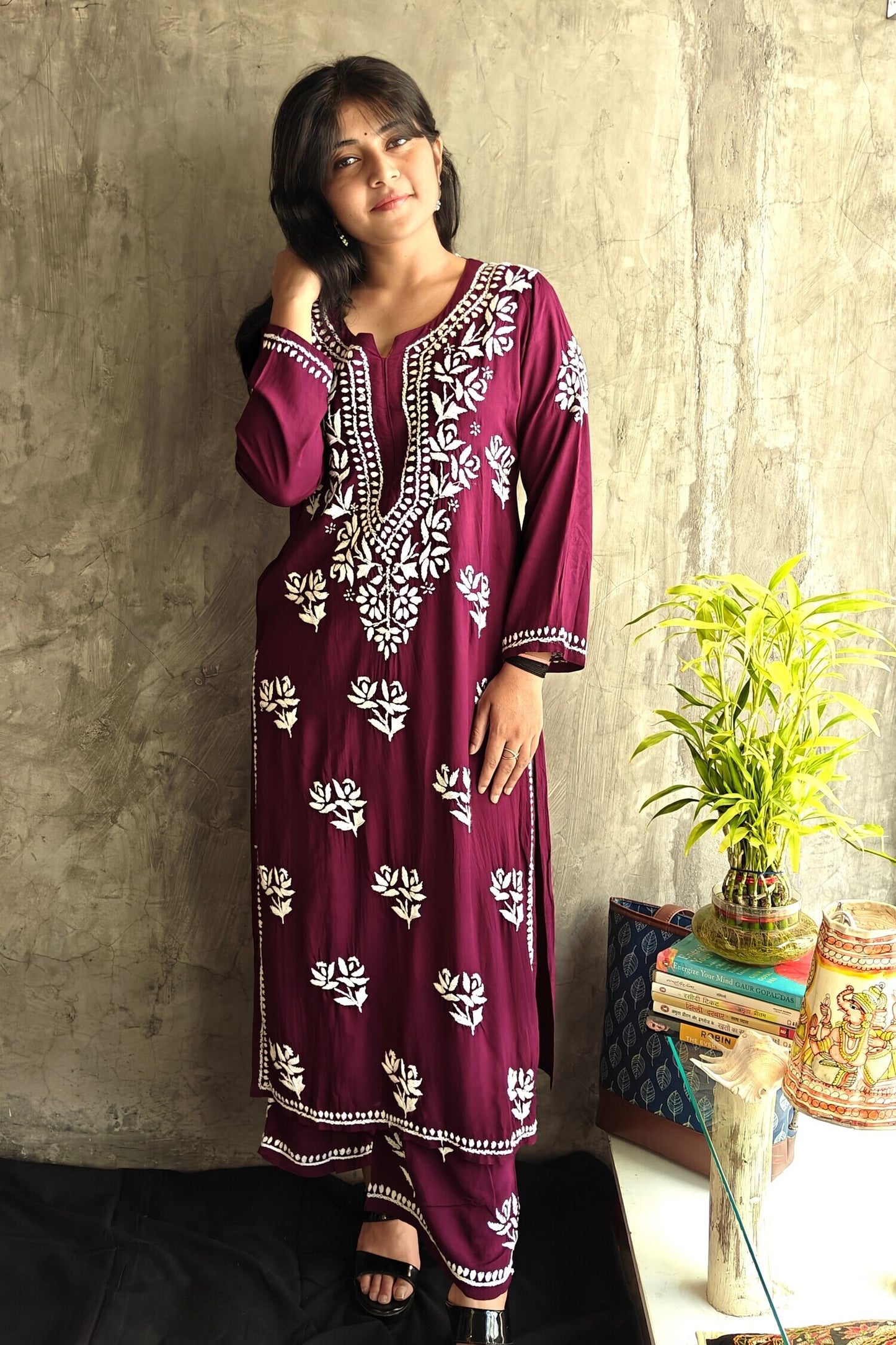 Wine Long Chikankari Co-ord Set