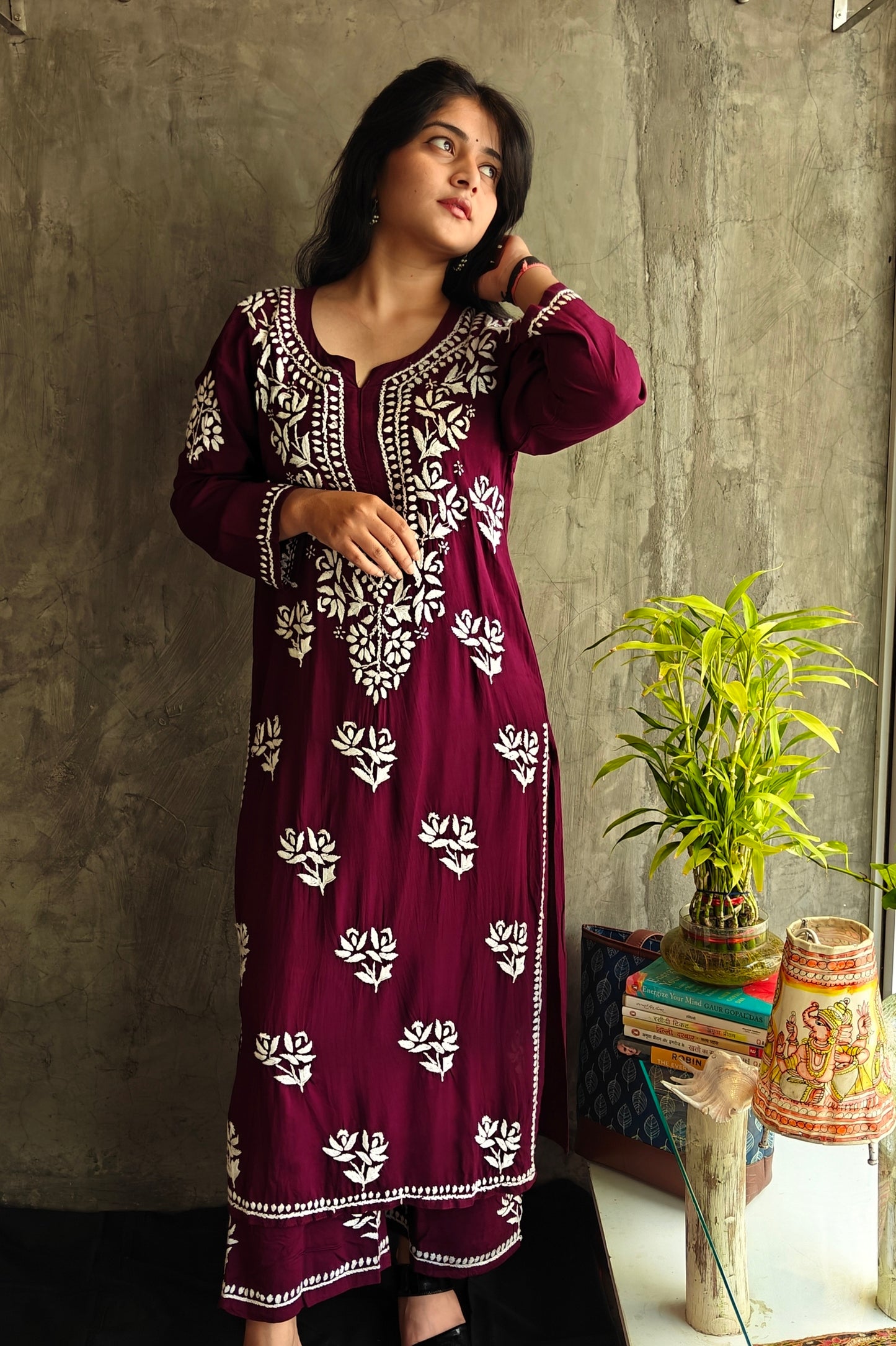 Wine Long Chikankari Co-ord Set