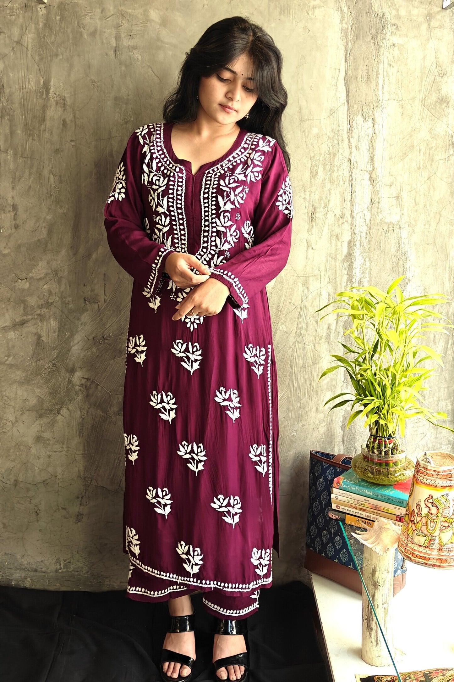 Wine Long Chikankari Co-ord Set