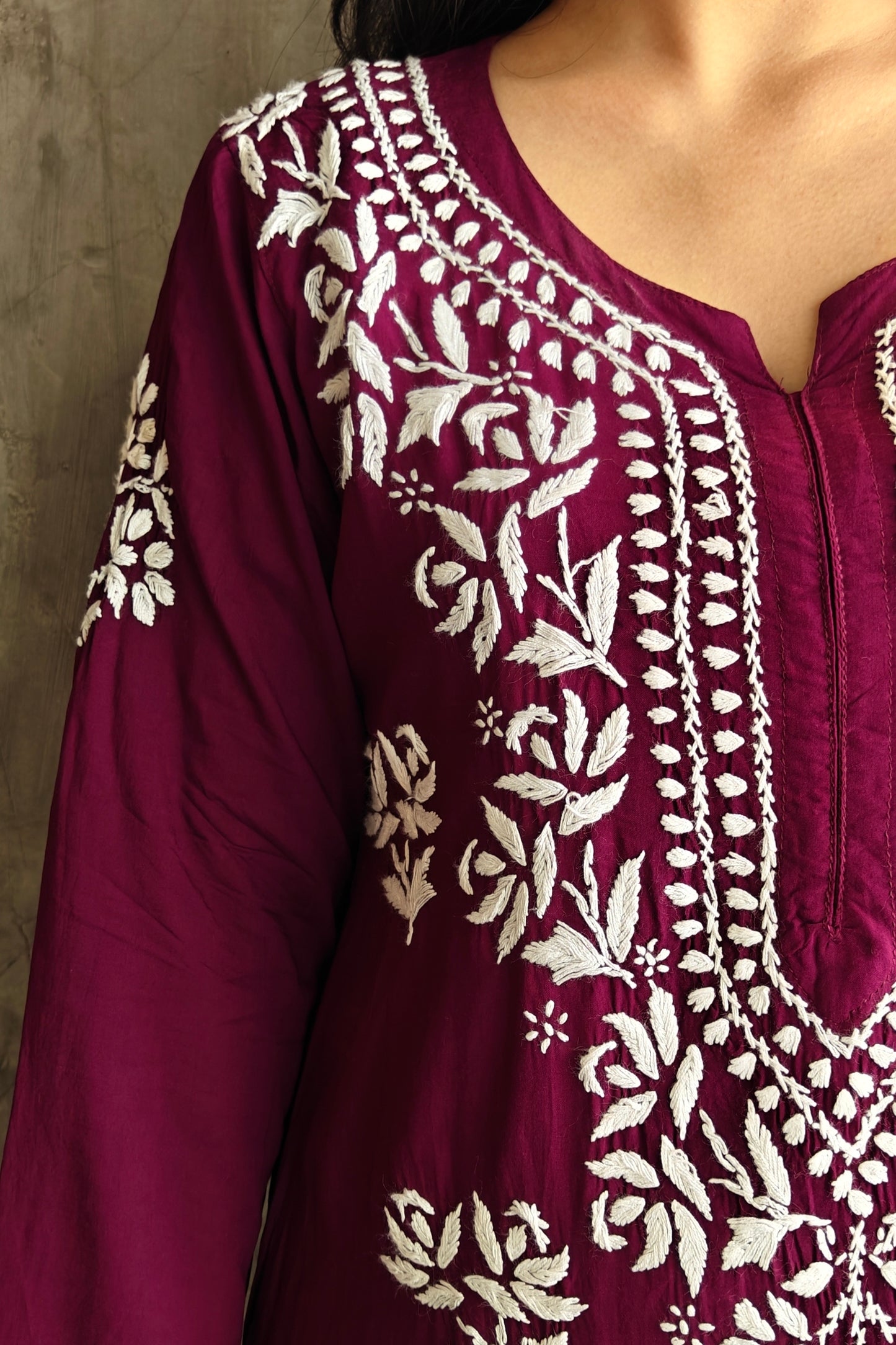 Wine Long Chikankari Co-ord Set