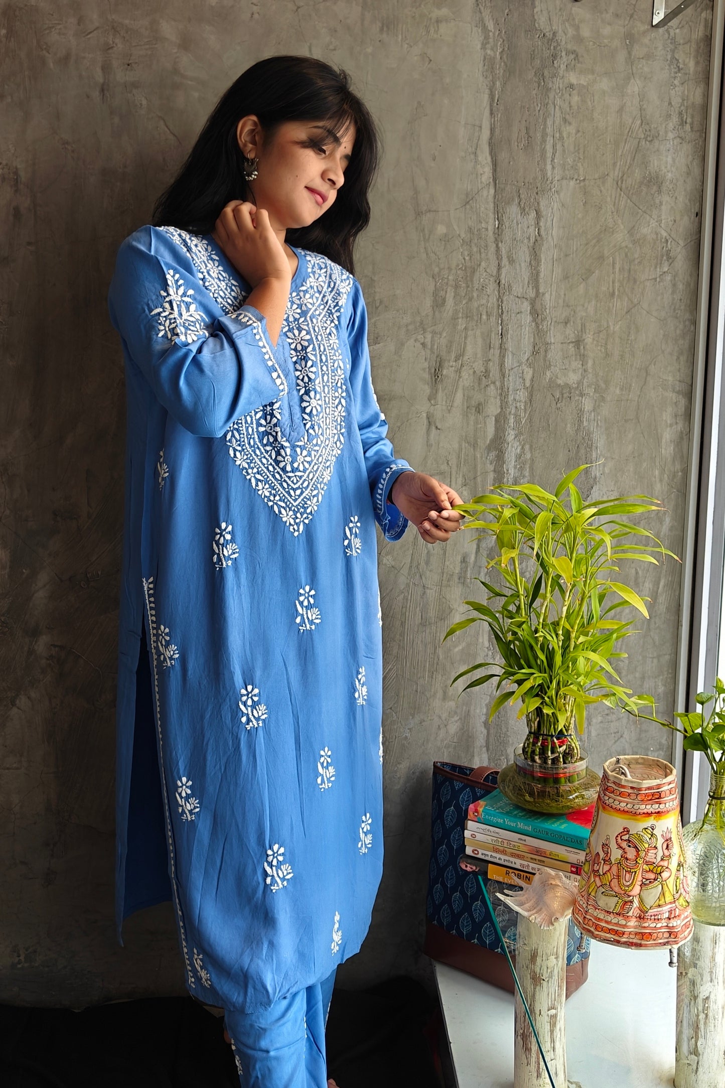Denim Blue Chikankari Long Co-ord Set