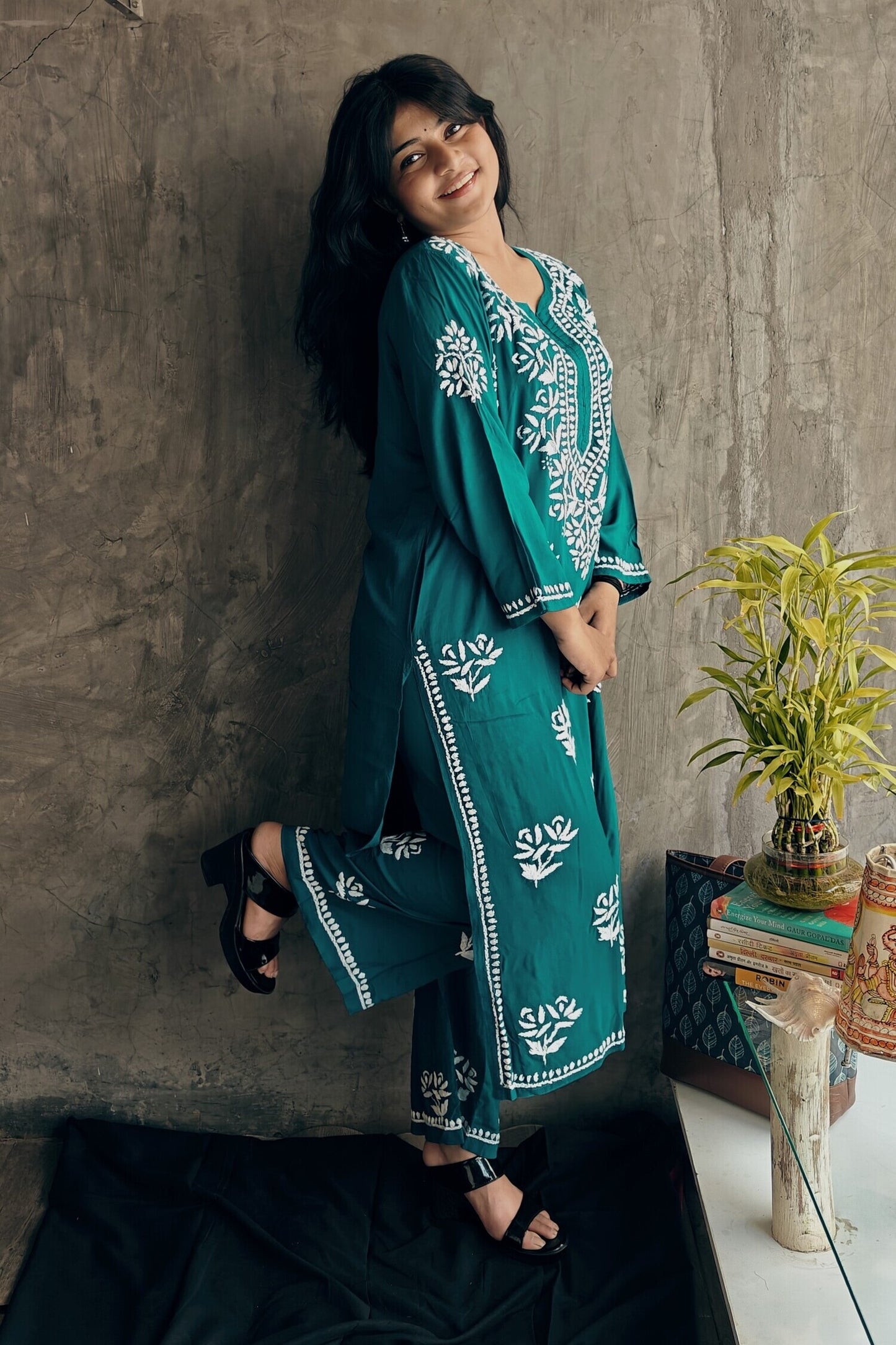 Teal modal silk straight - fit kurta with floral Chikankari embroidery and matching bottoms