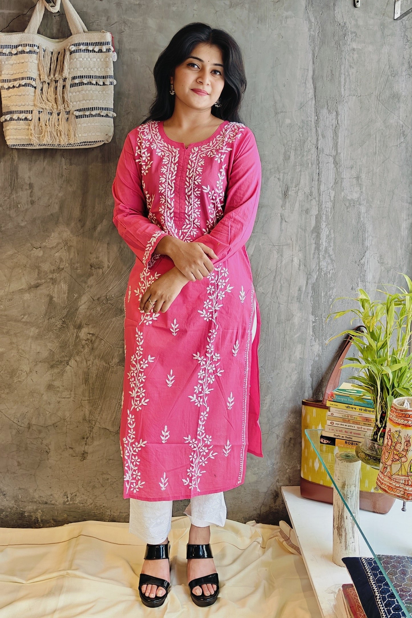 Rose Pink Long Chikankari Kurti
