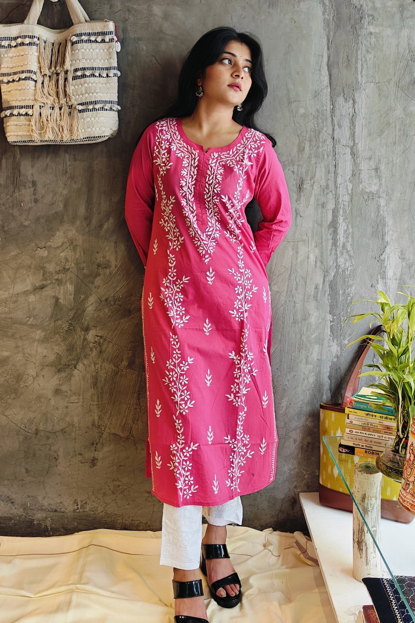 Rose Pink Long Chikankari Kurti
