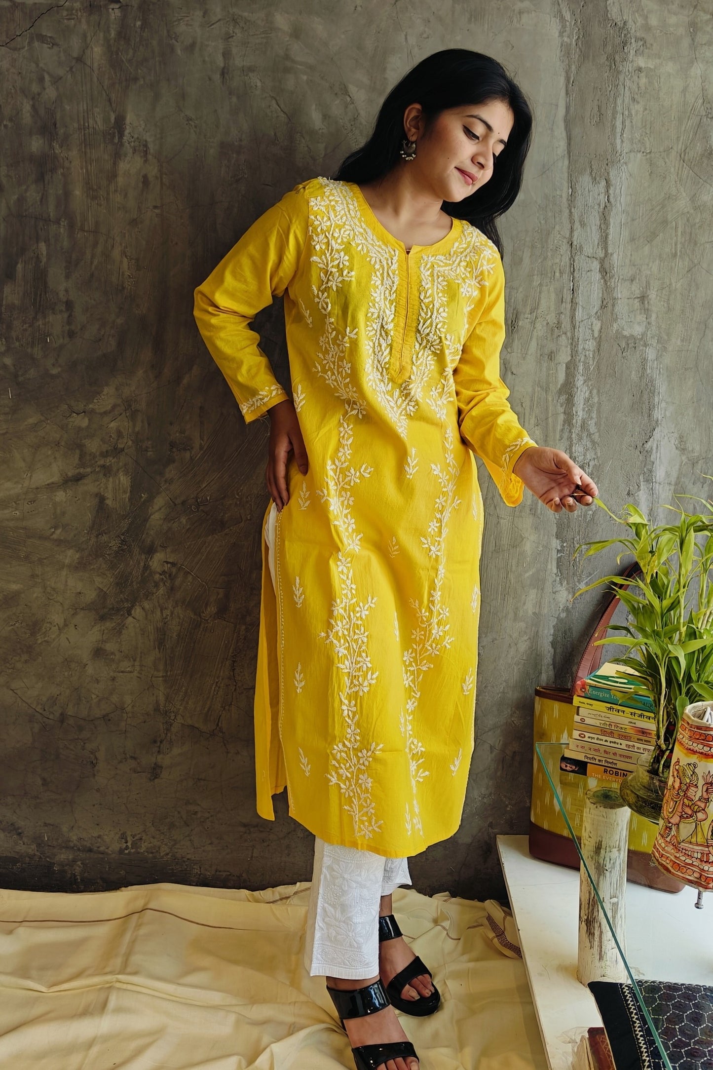 Yellow Chikankari Long Kurti