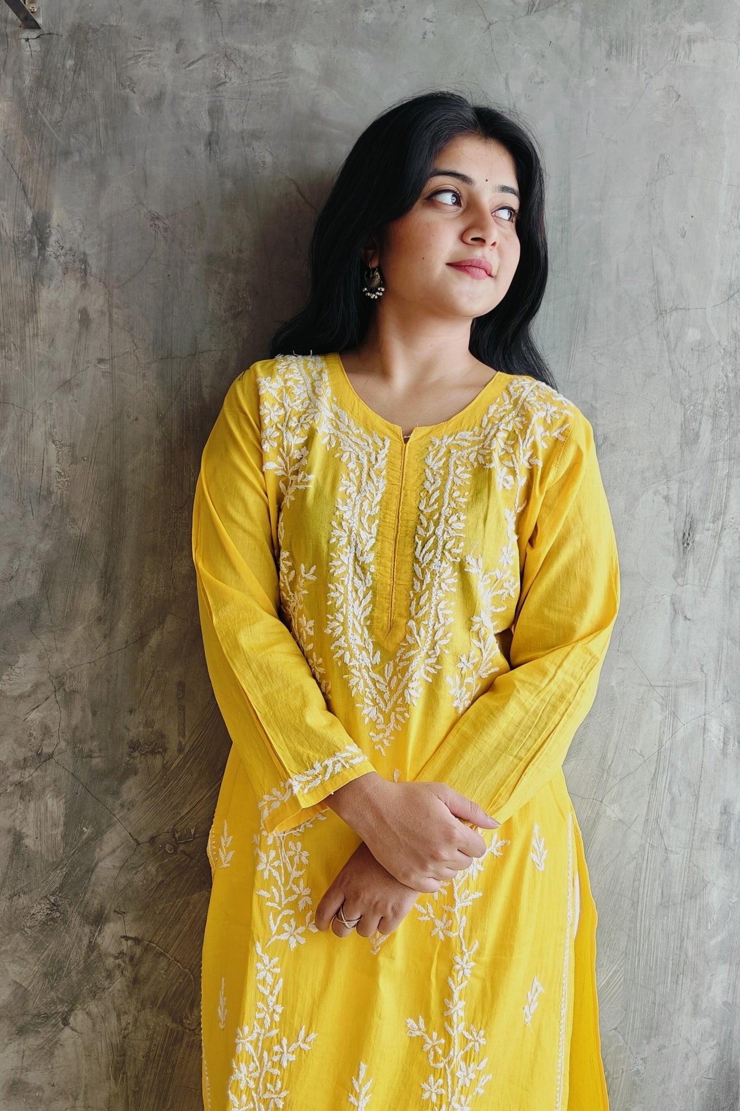 Yellow Chikankari Long Kurti