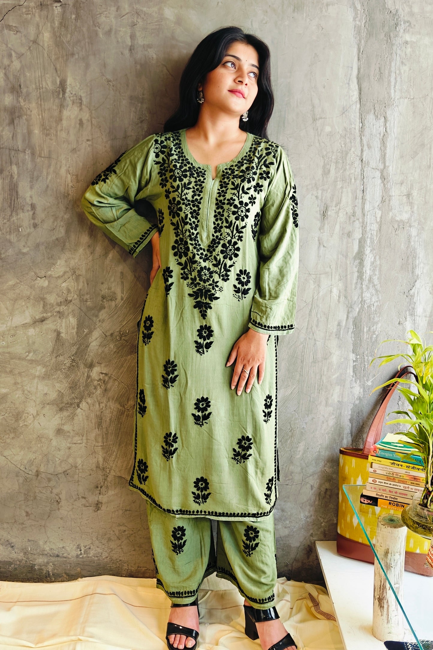 Olive Green Chikankari Black Rose
