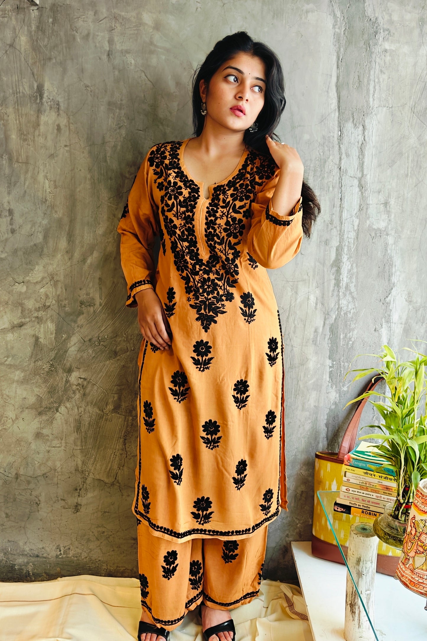 Mustard Chikankari Black Rose
