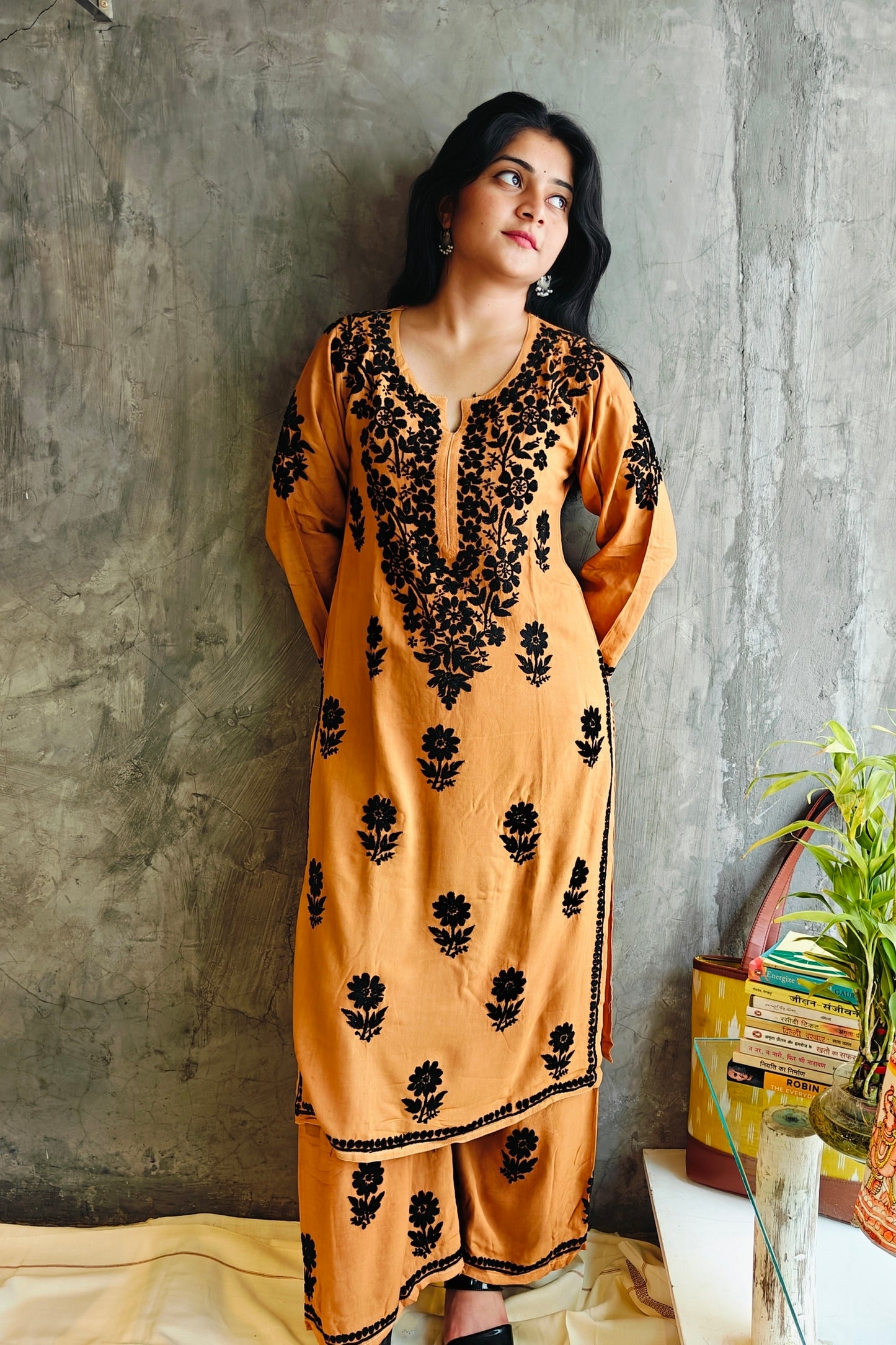 Mustard Chikankari Black Rose