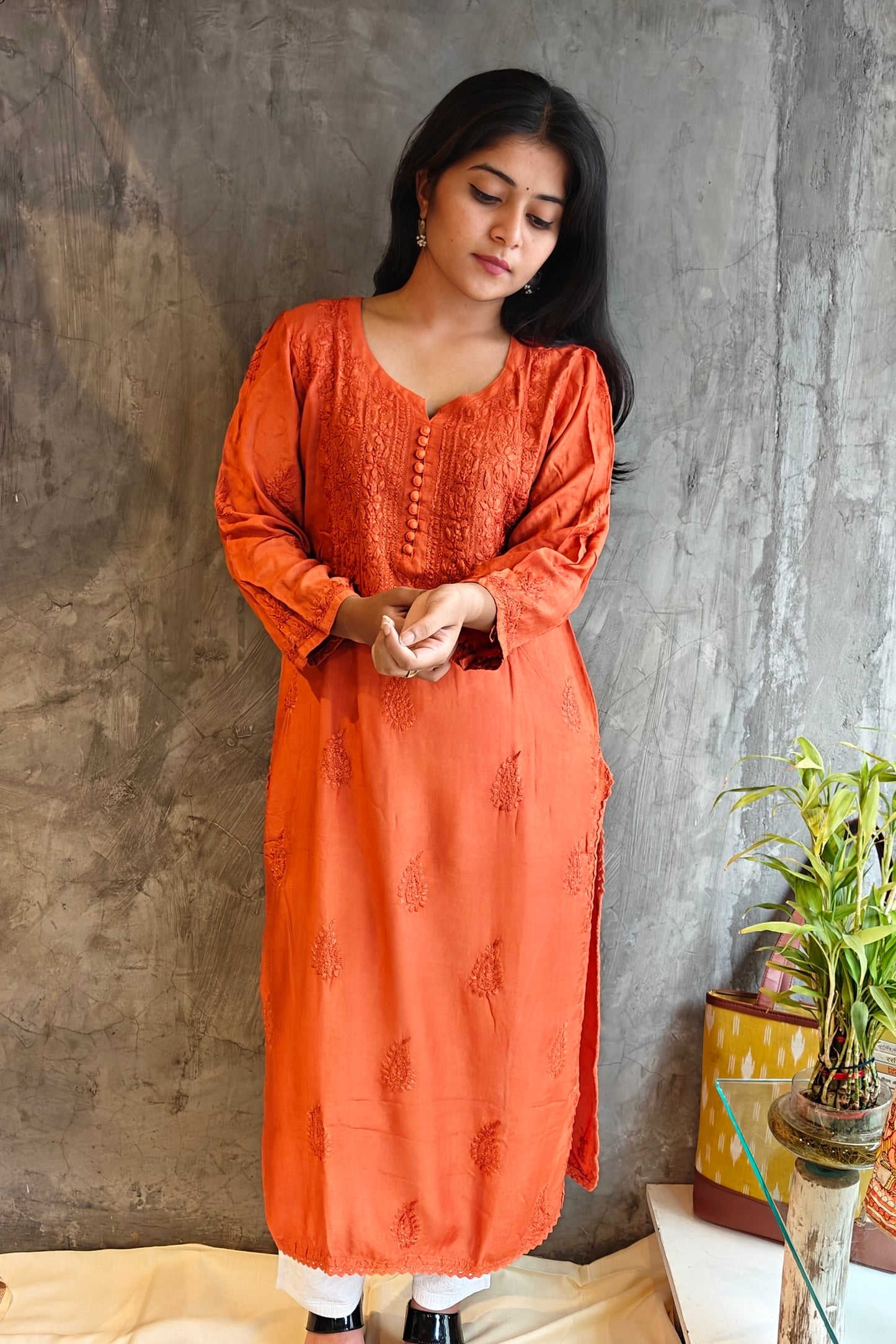 Rust Pure Silk long Kurti