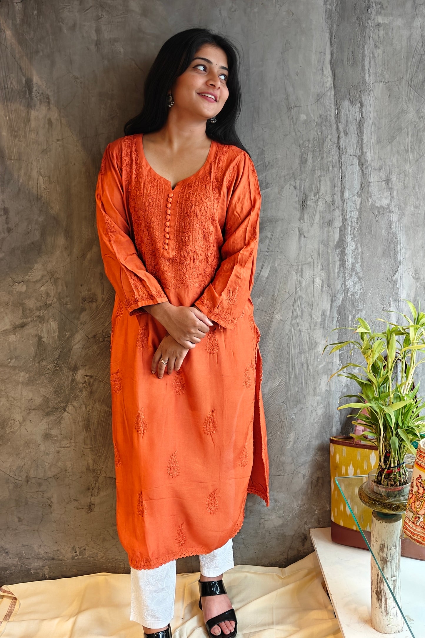 Rust Pure Silk long Kurti