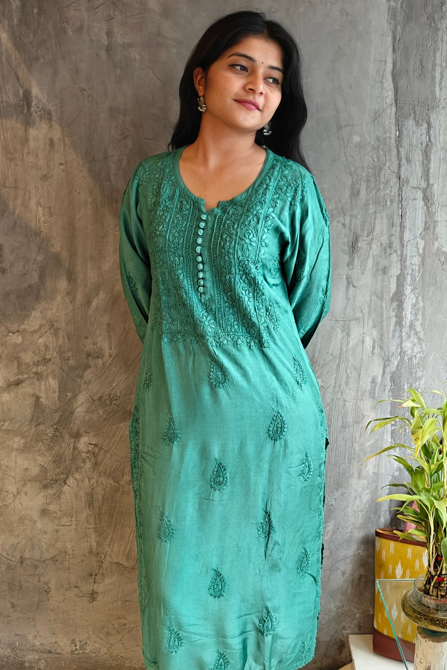 Teal Green Pure Silk Long Kurti
