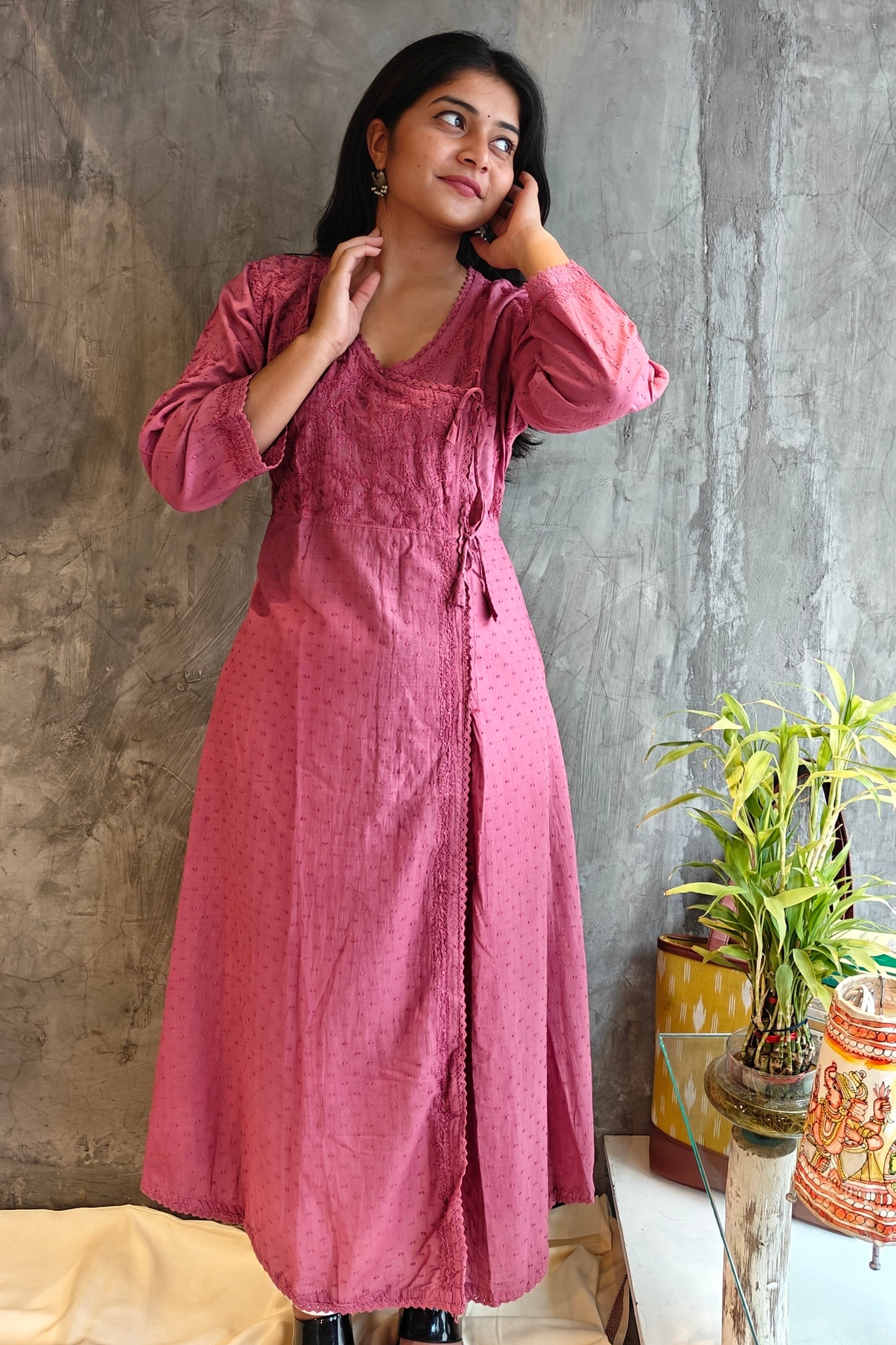 Old Pink A-Line Chikankari Kurta - Loomkar Raipur Handloom