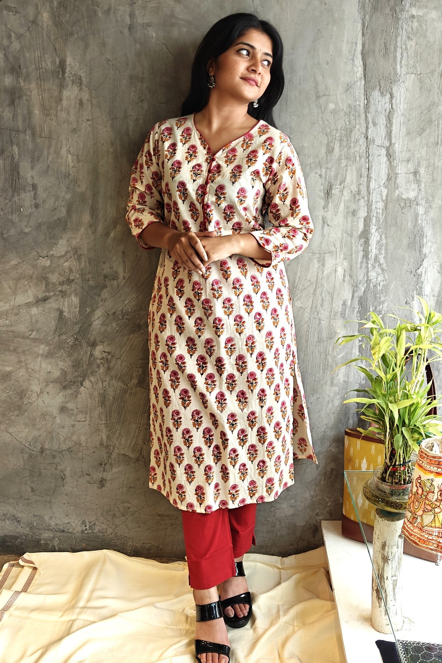 Beige Rust Butta Bagru Block Print Kurti