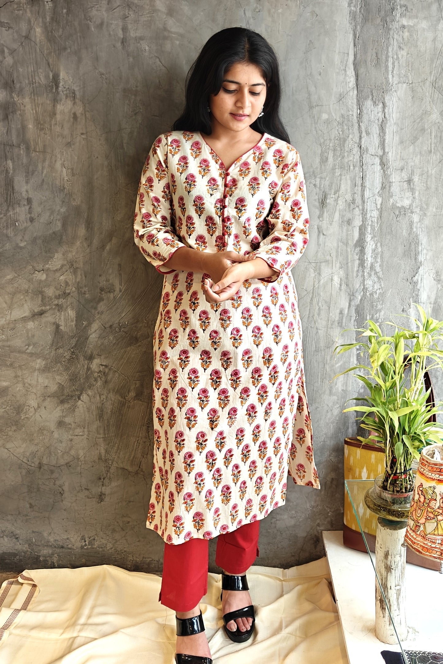 Beige Rust Butta Bagru Block Print Kurti