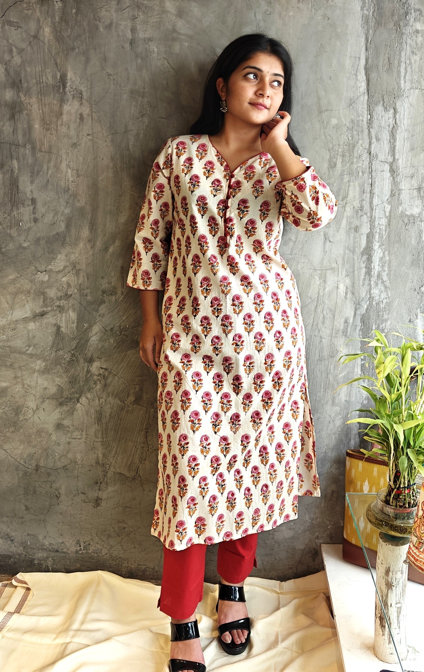 Beige Rust Butta Bagru Block Print Kurti