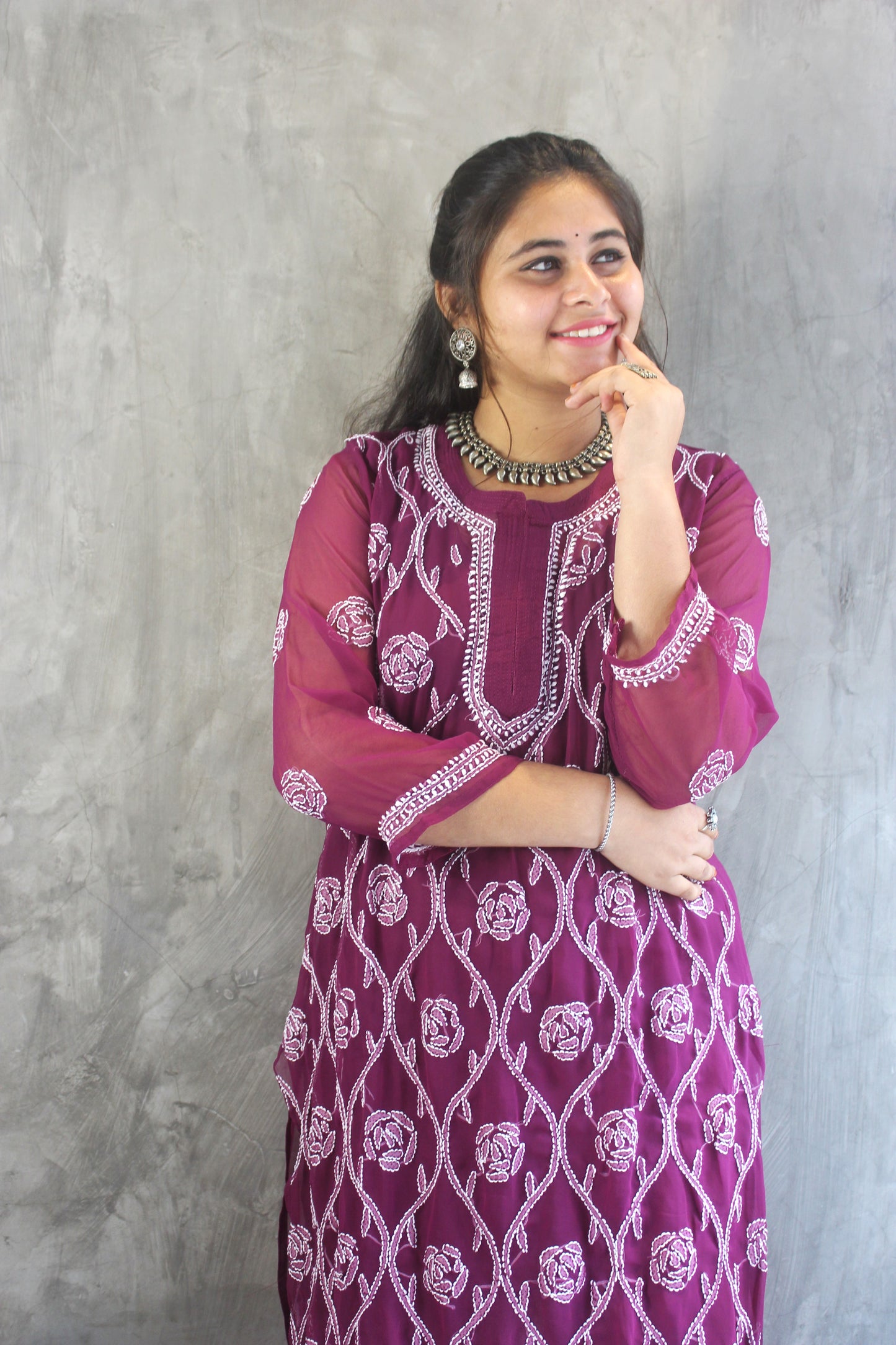 Wine Georgette long chikankari