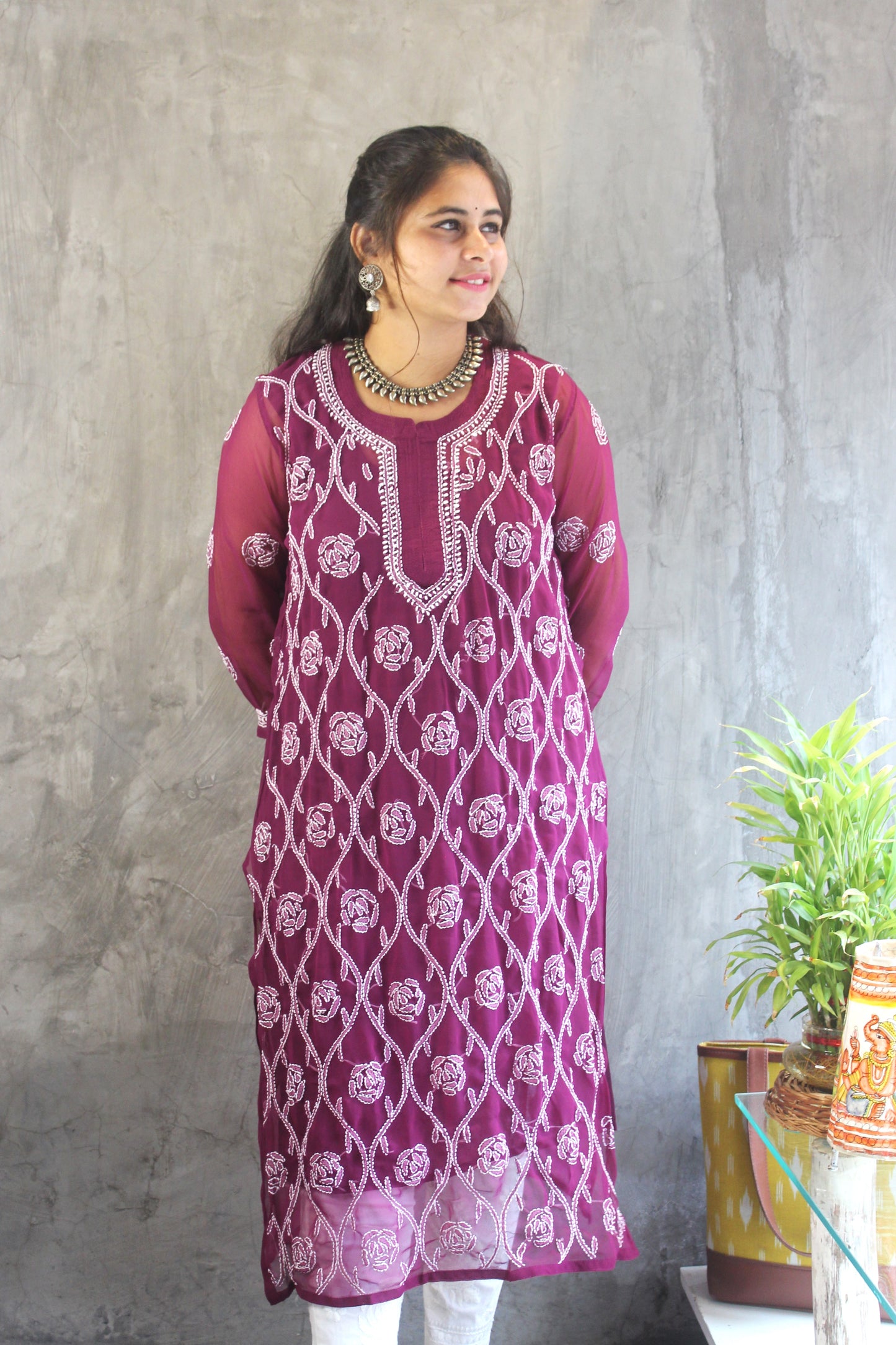 Wine Georgette long chikankari