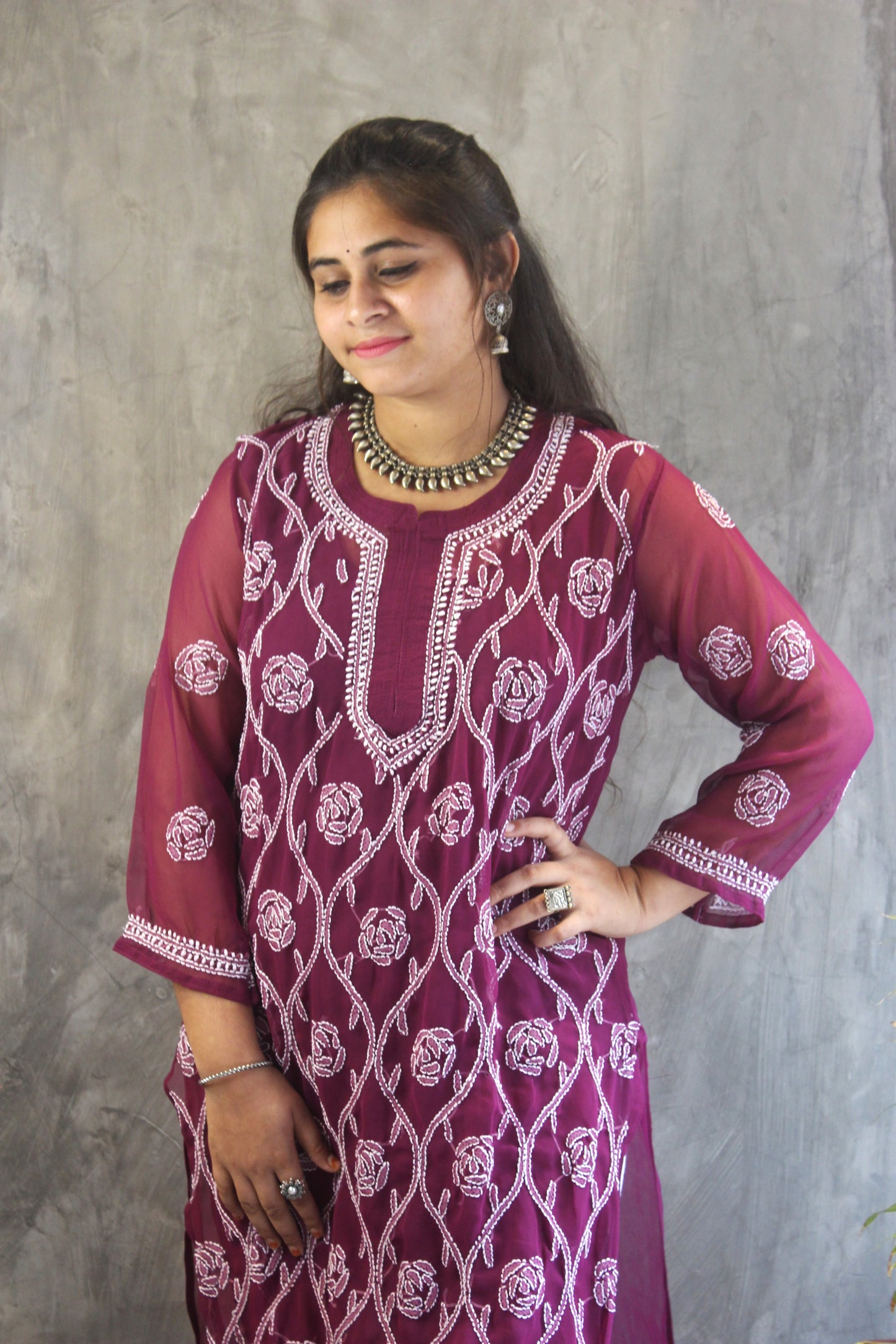 Wine Georgette long chikankari