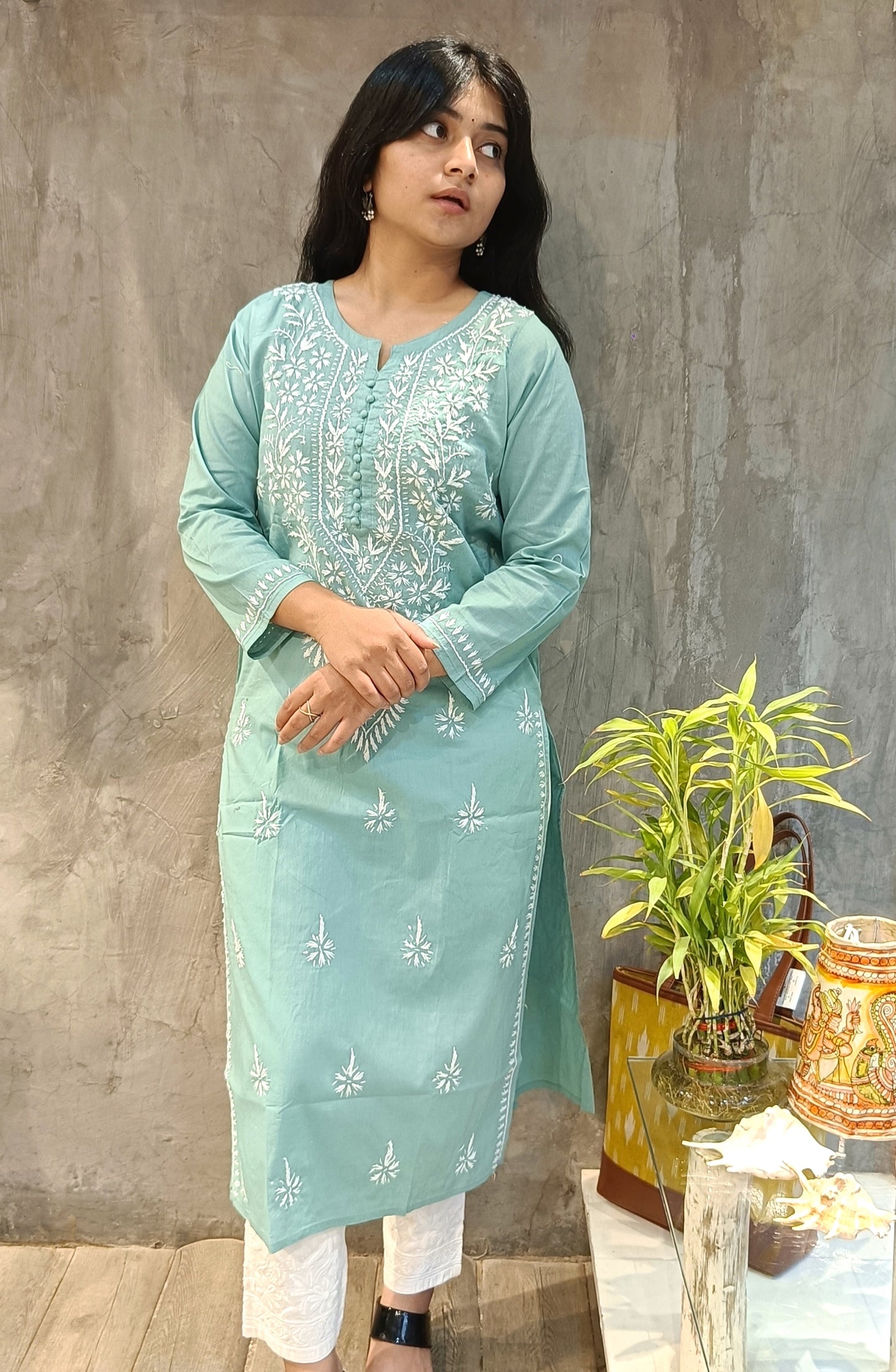 Soft Teal Cotton Chikankari Long Kurti