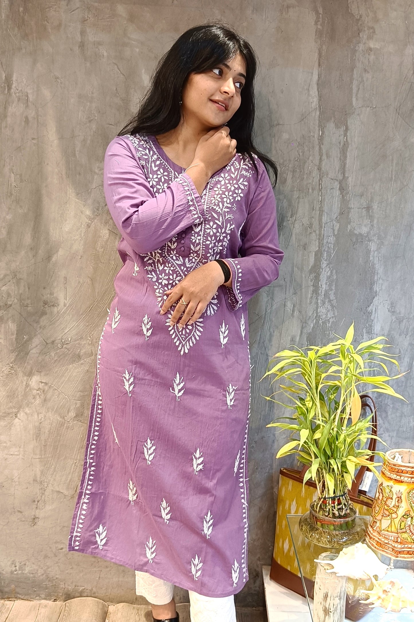Lavender Cotton Chiknkari Long Kurti