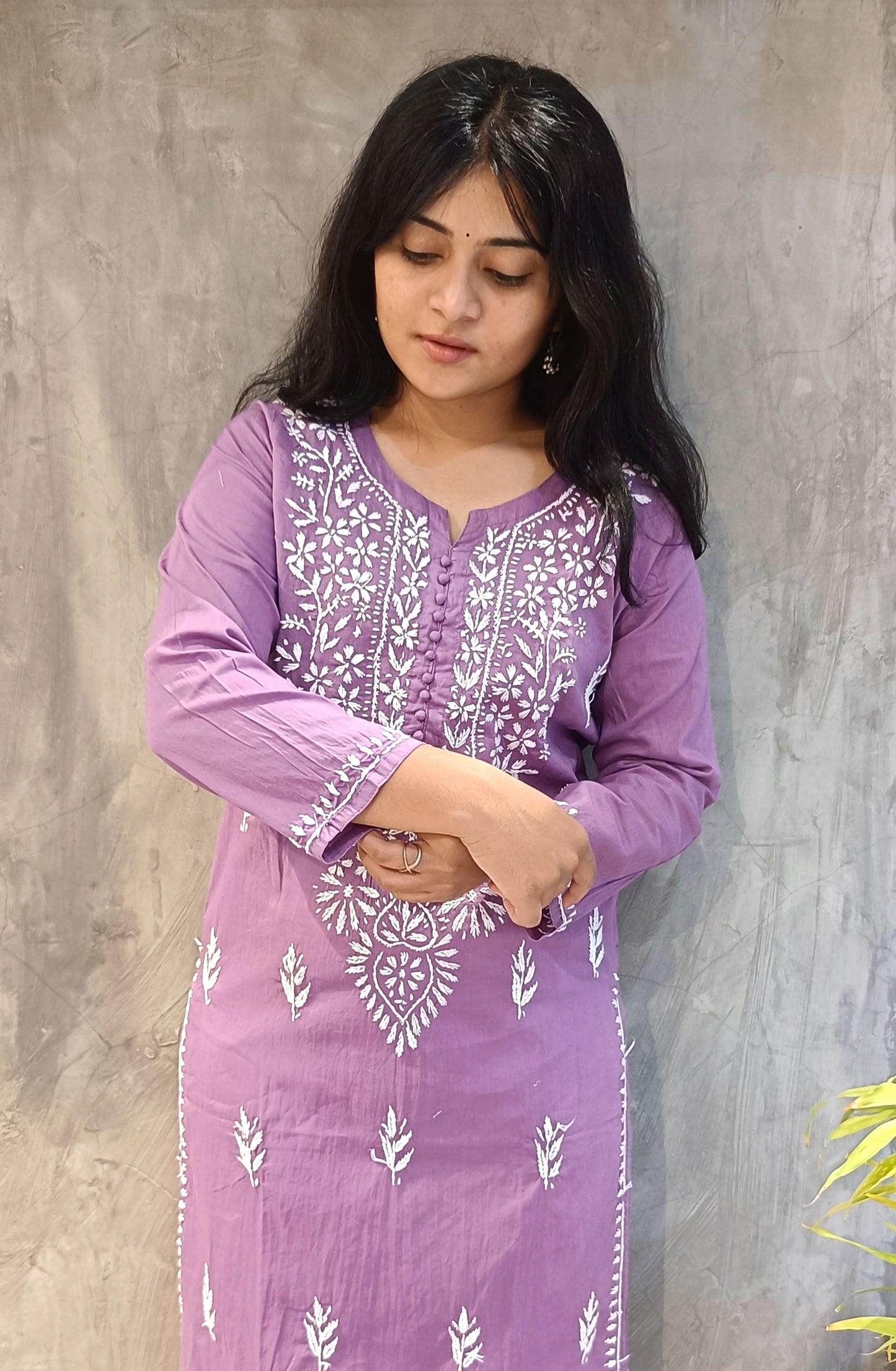 Lavender Cotton Chiknkari Long Kurti