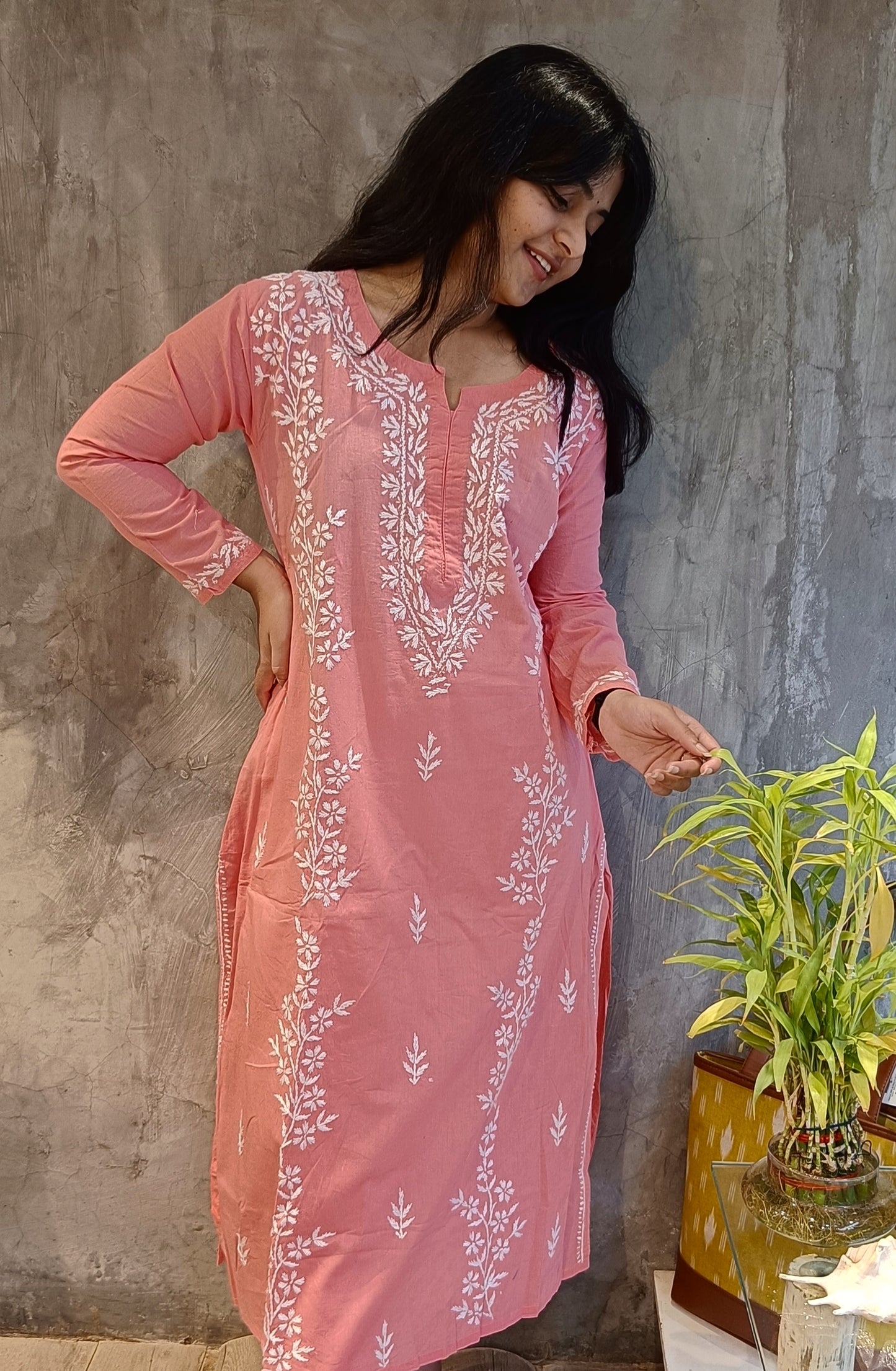 Peach Long Cotton Chikankari Kurti