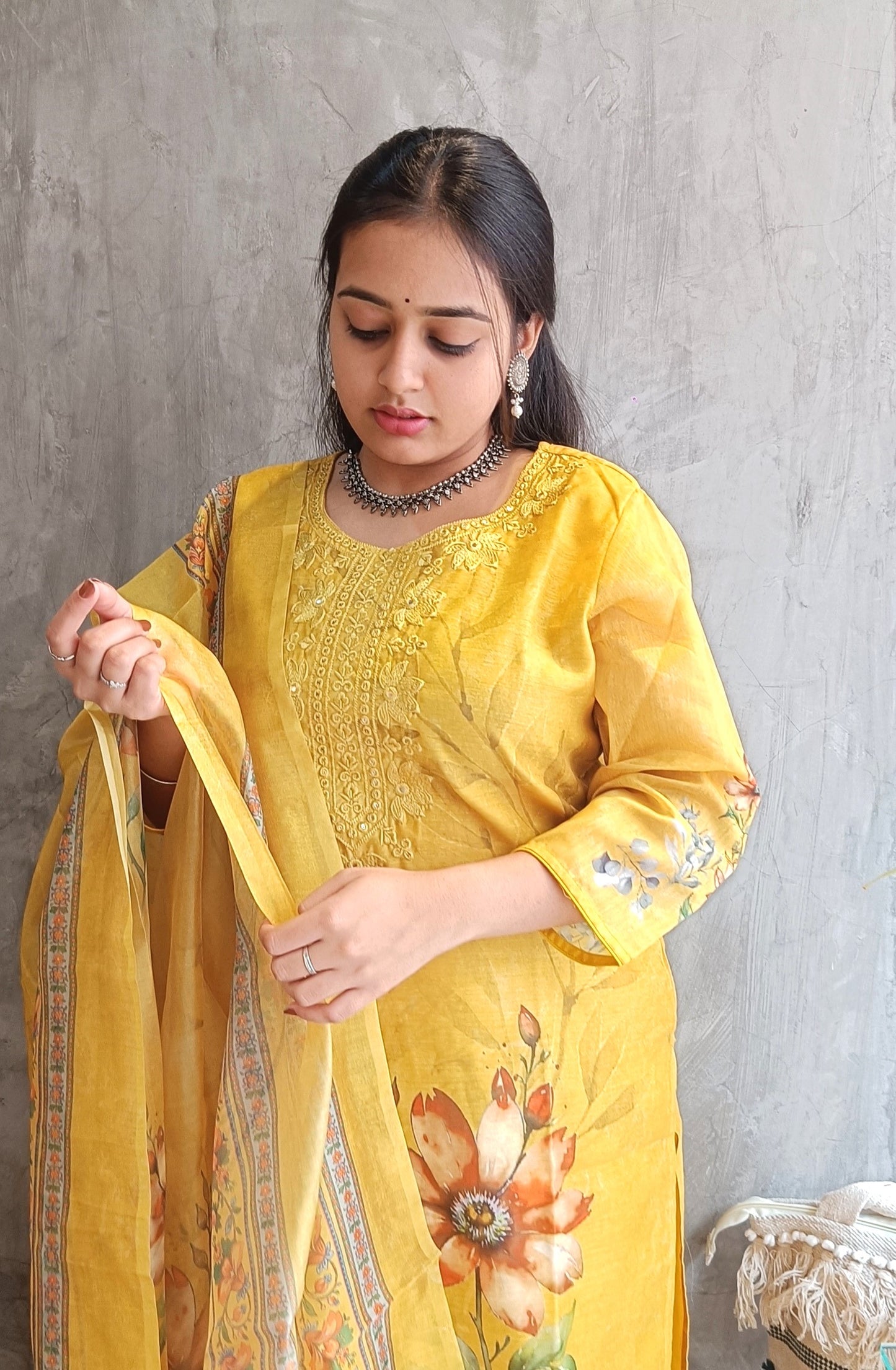 yellow ethnic cotton silk suit set styled for casual and festive occasions