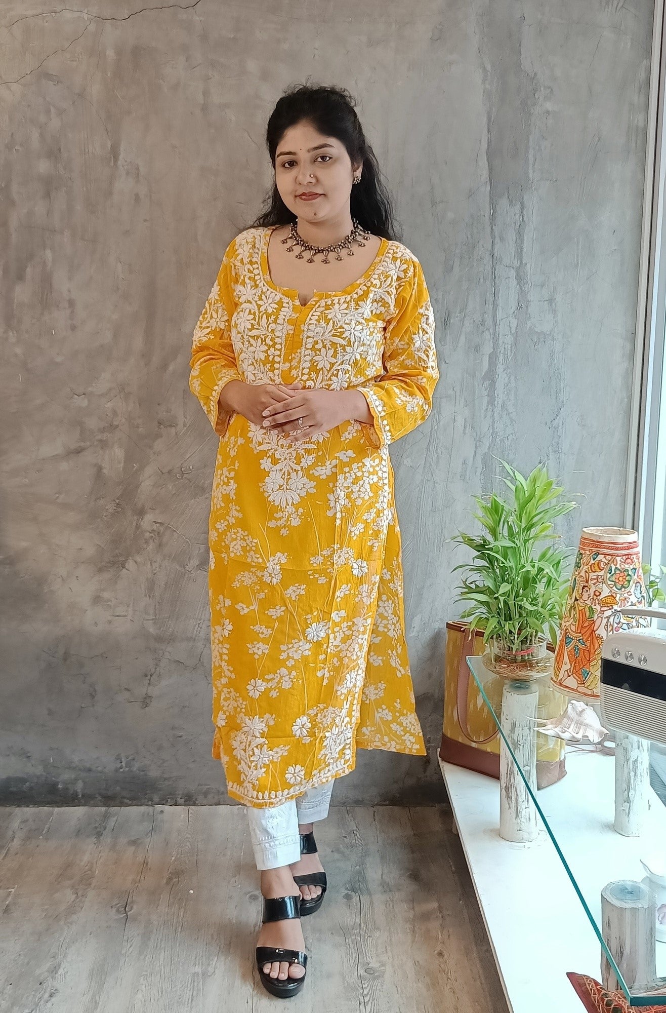 Full-length yellow mal-mal cotton kurti with intricate embroidery- Loomkar