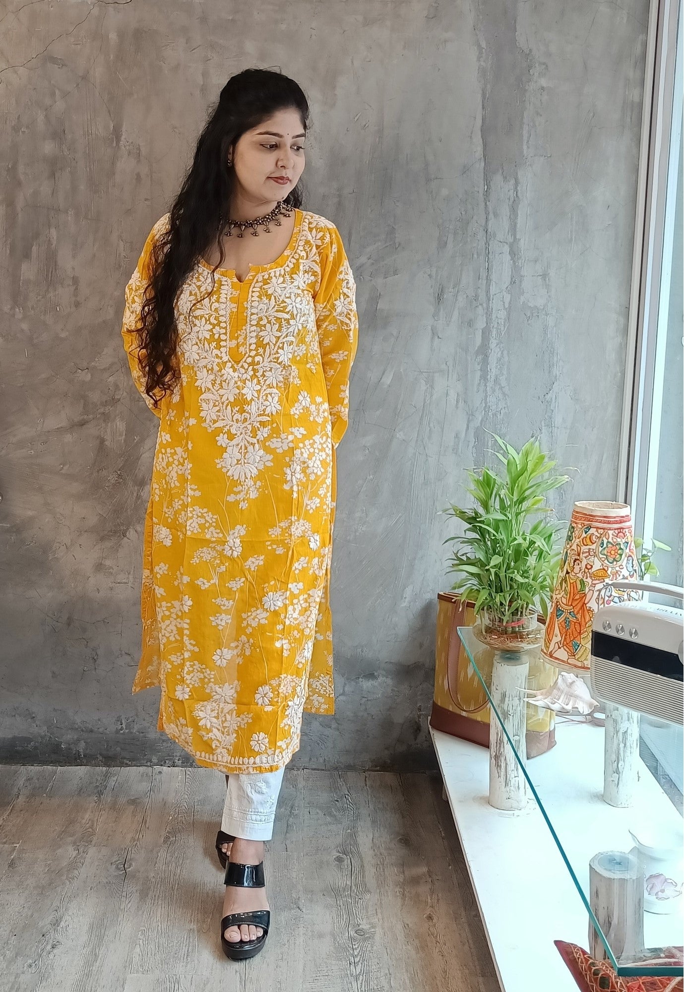 Premium yellow Chikankari kurti in soft mal-mal cotton - Loomkar Raipur