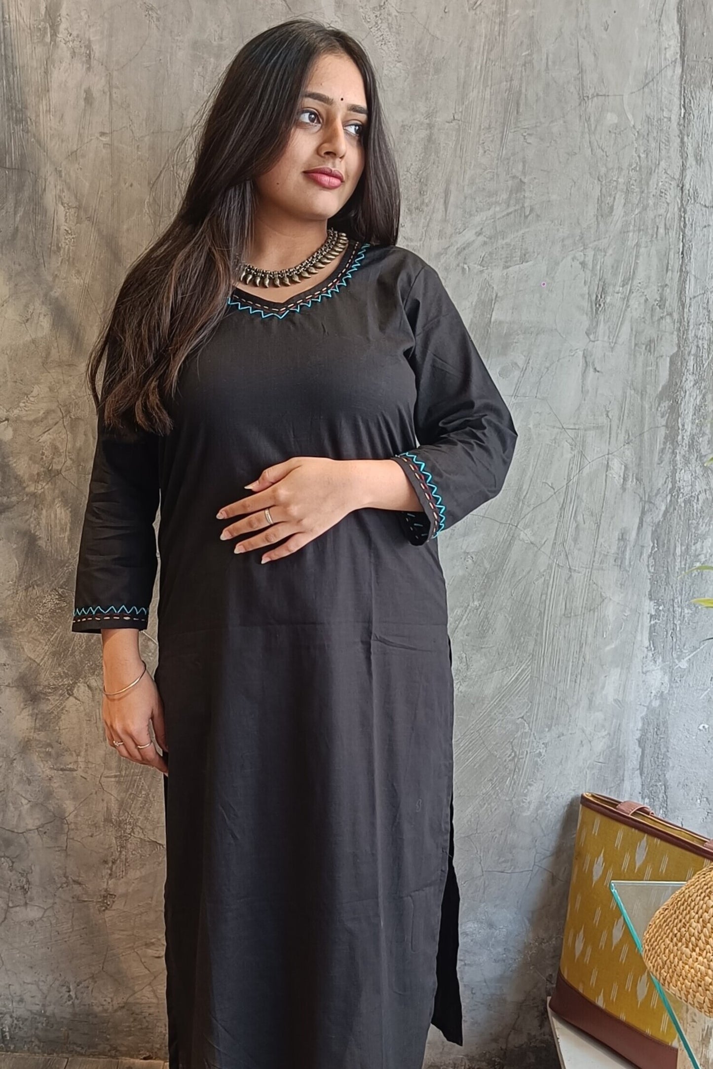 black Solid Color Hand Embroidery Co-Ord Set.