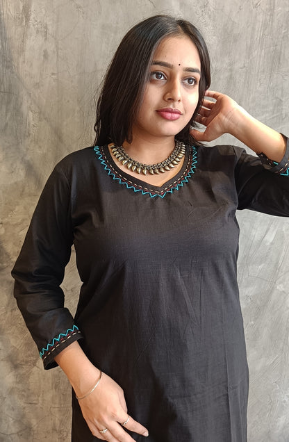 black Solid Color Hand Embroidery Co-Ord Set.