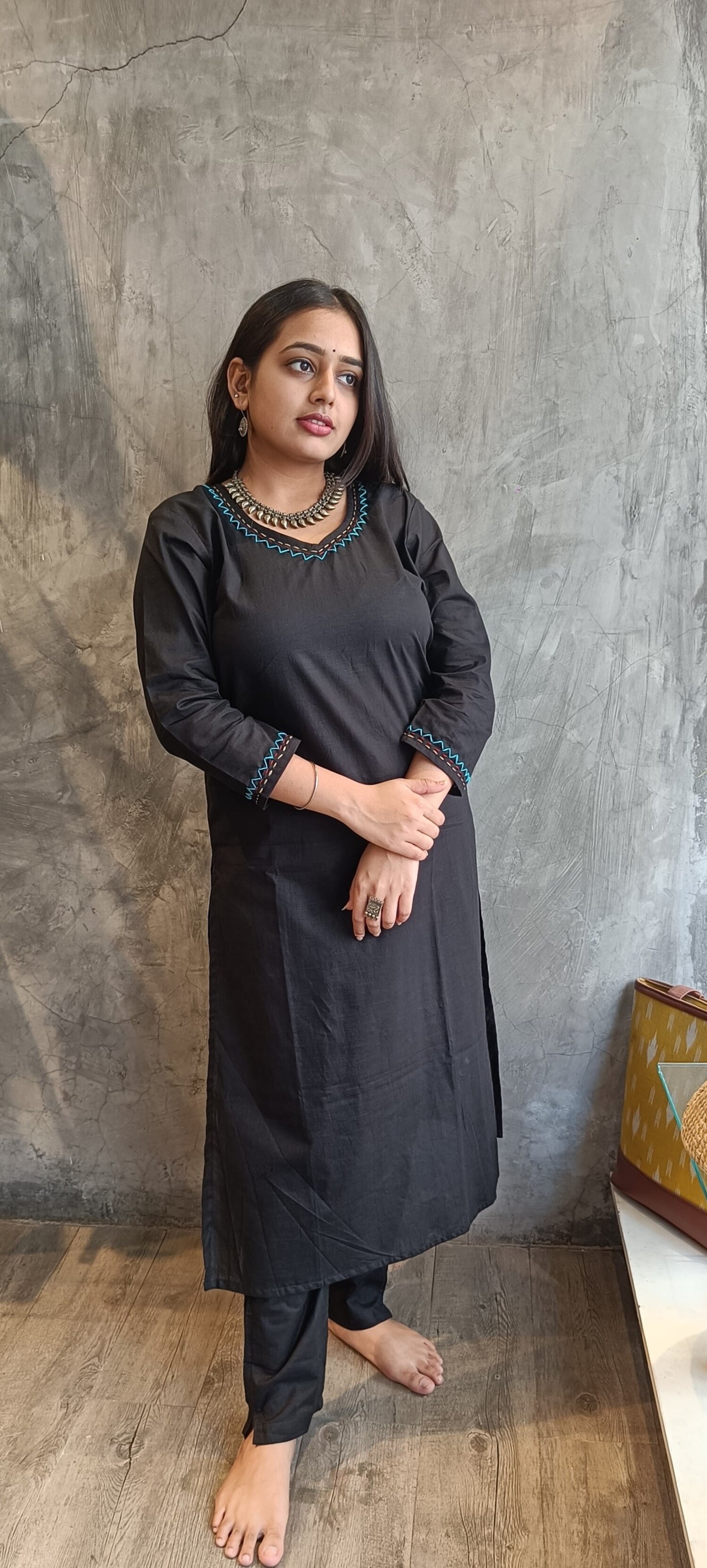 black Solid Color Hand Embroidery Co-Ord Set.