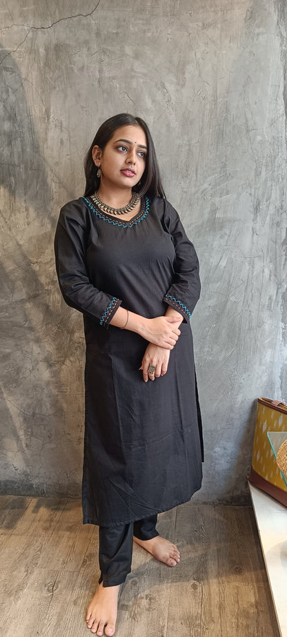 black Solid Color Hand Embroidery Co-Ord Set.
