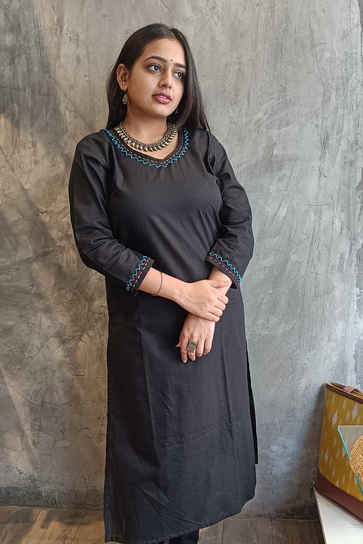 black Solid Color Hand Embroidery Co-Ord Set.