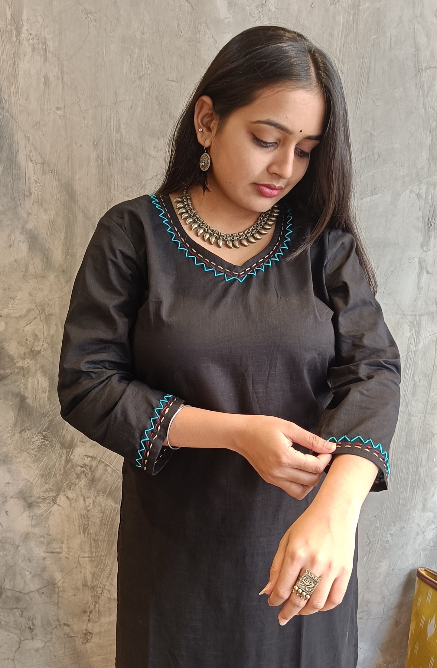 black Solid Color Hand Embroidery Co-Ord Set.
