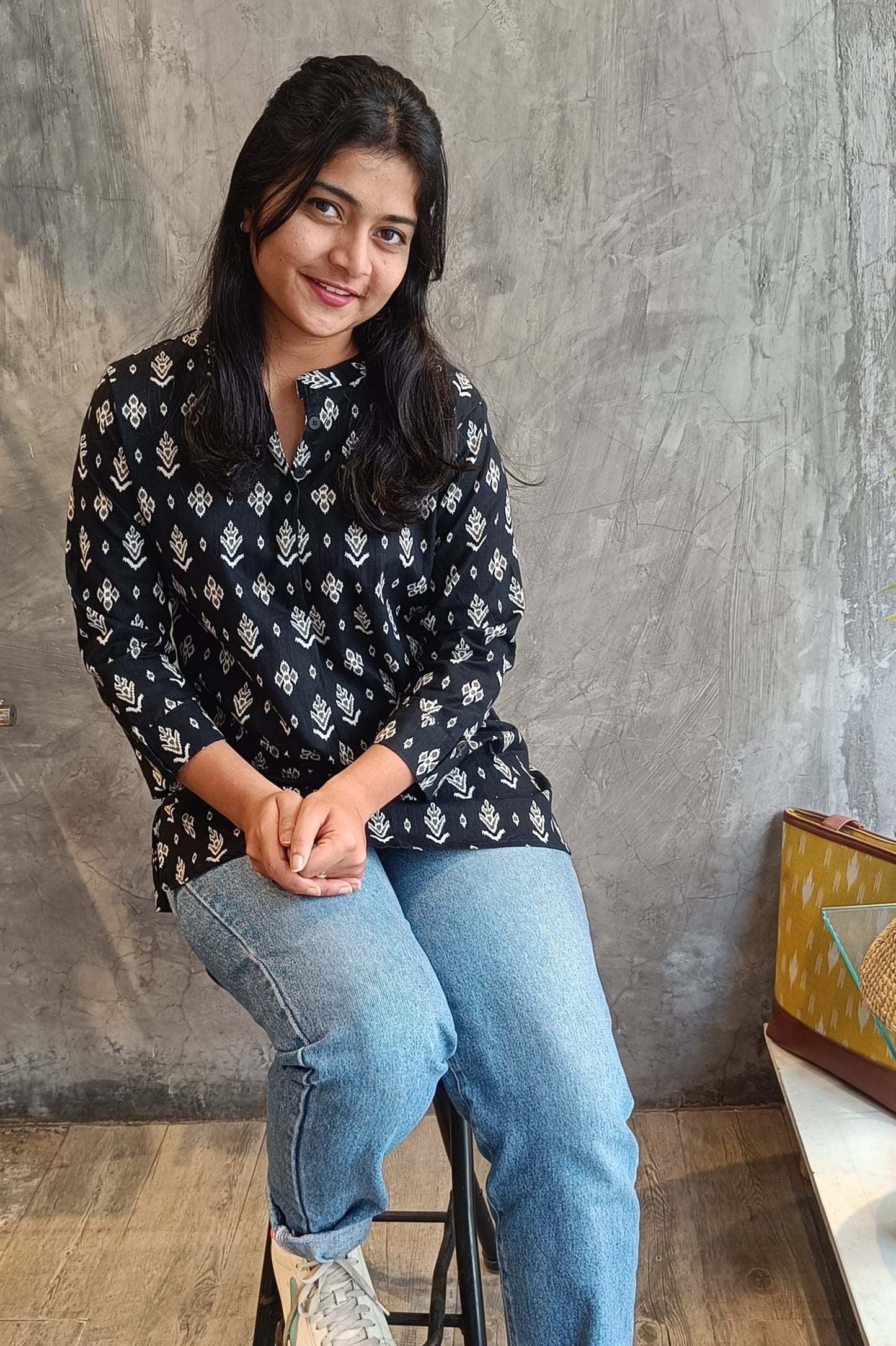 Black ikat Print Short Top
