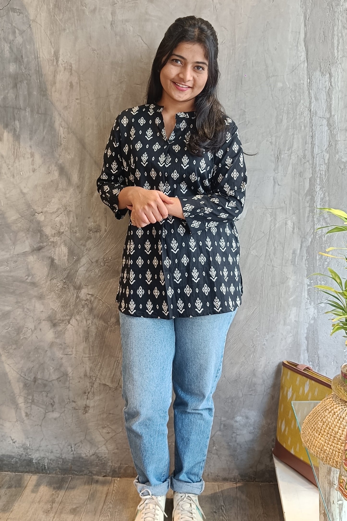 Black ikat Print Short Top