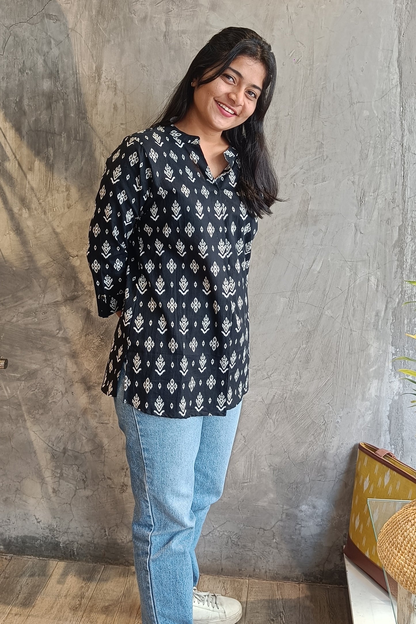 Black ikat Print Short Top